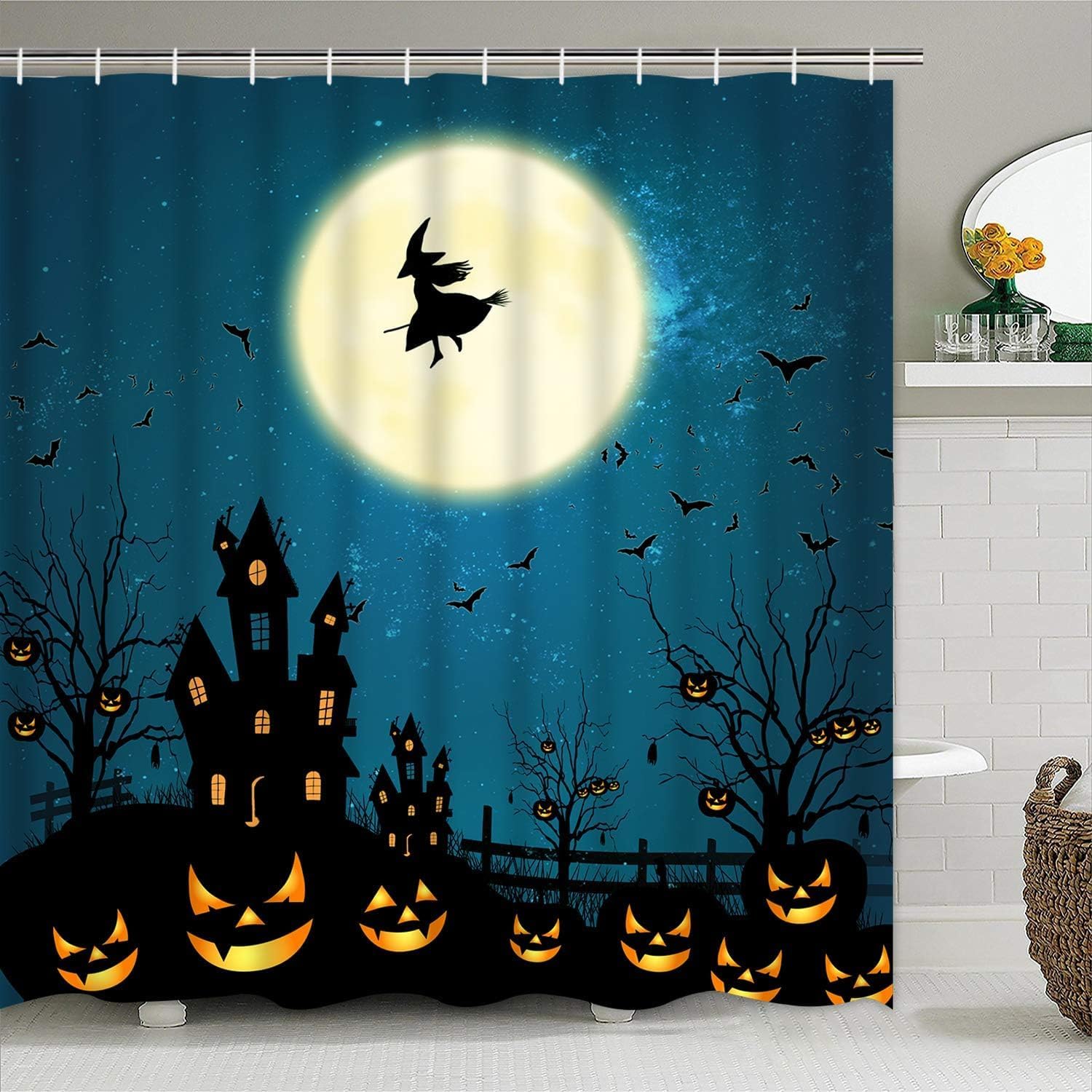 Ikfashoni Juego de 4 cortinas de ducha de Halloween con alfombras antideslizantes, cubierta para tapa de inodoro y tapete de baño, cortina de ducha