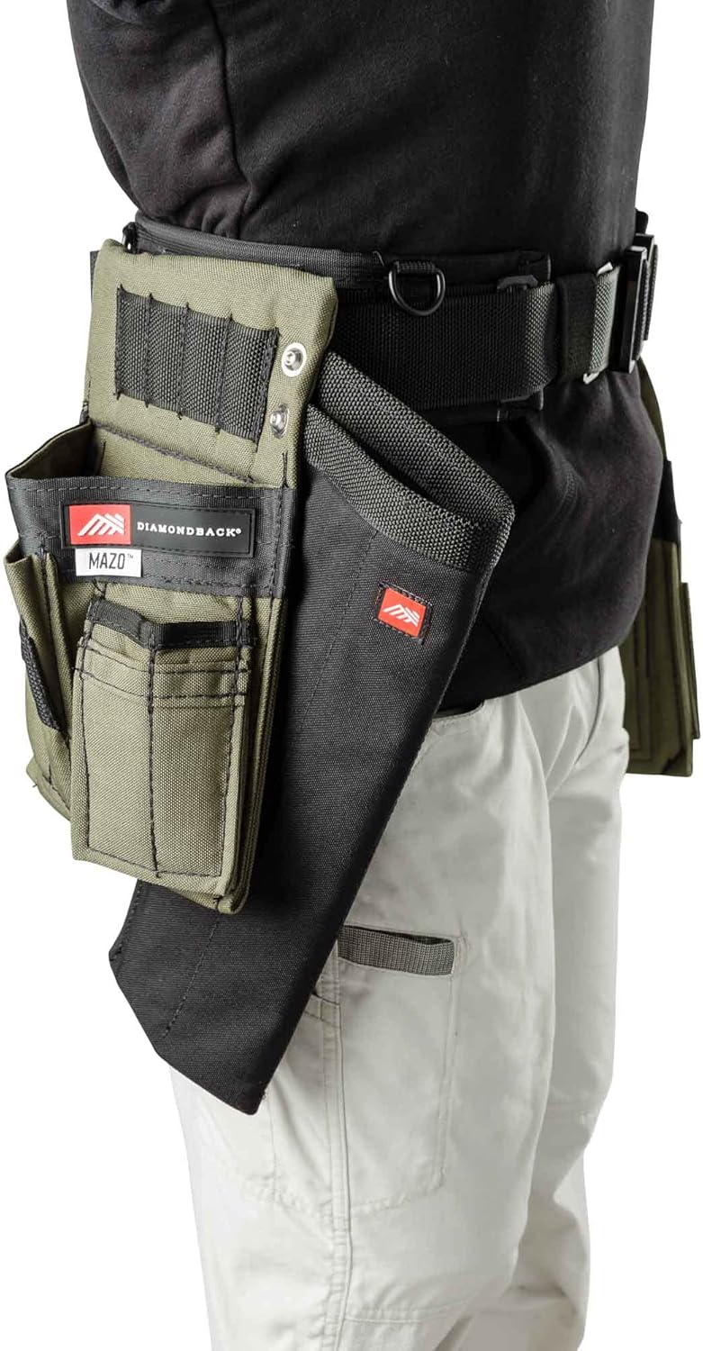 El sistema de cinturón de herramientas Diamondback Chopo, diestro, verde guardabosque, pequeño, para carpinteros, electricistas, techadores, paneles