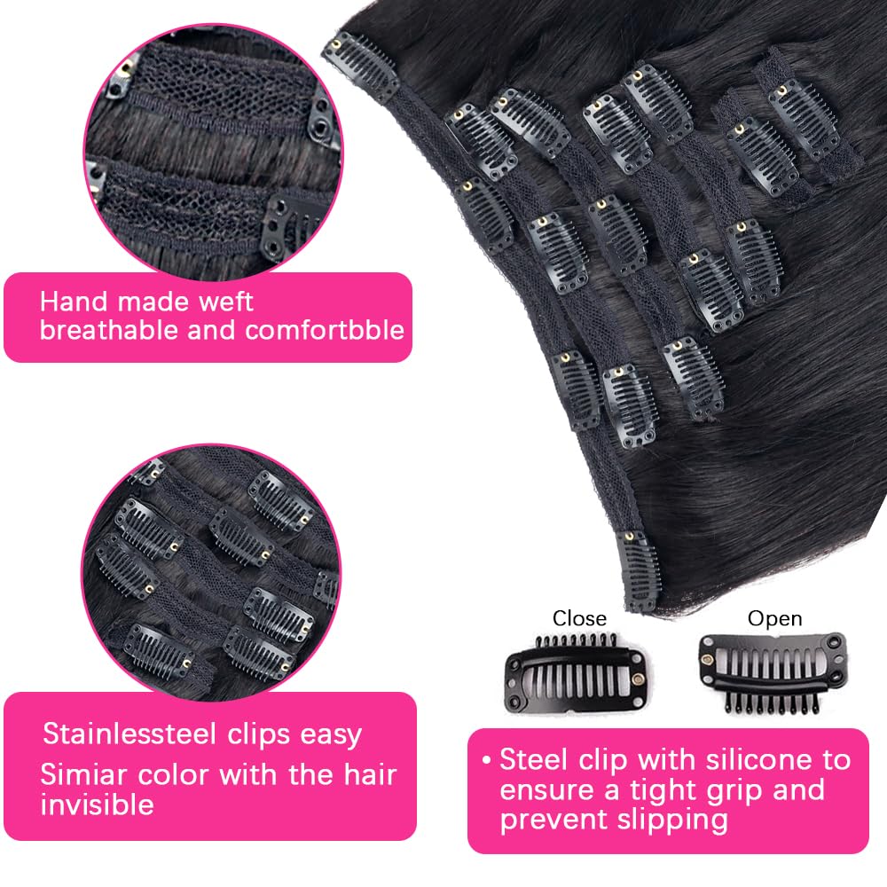 Pobokix Extensiones de cabello lacio con clip para mujer, 100% sin procesar, extensiones de cabello humano virgen brasileño, 7 piezas con 16 clips,