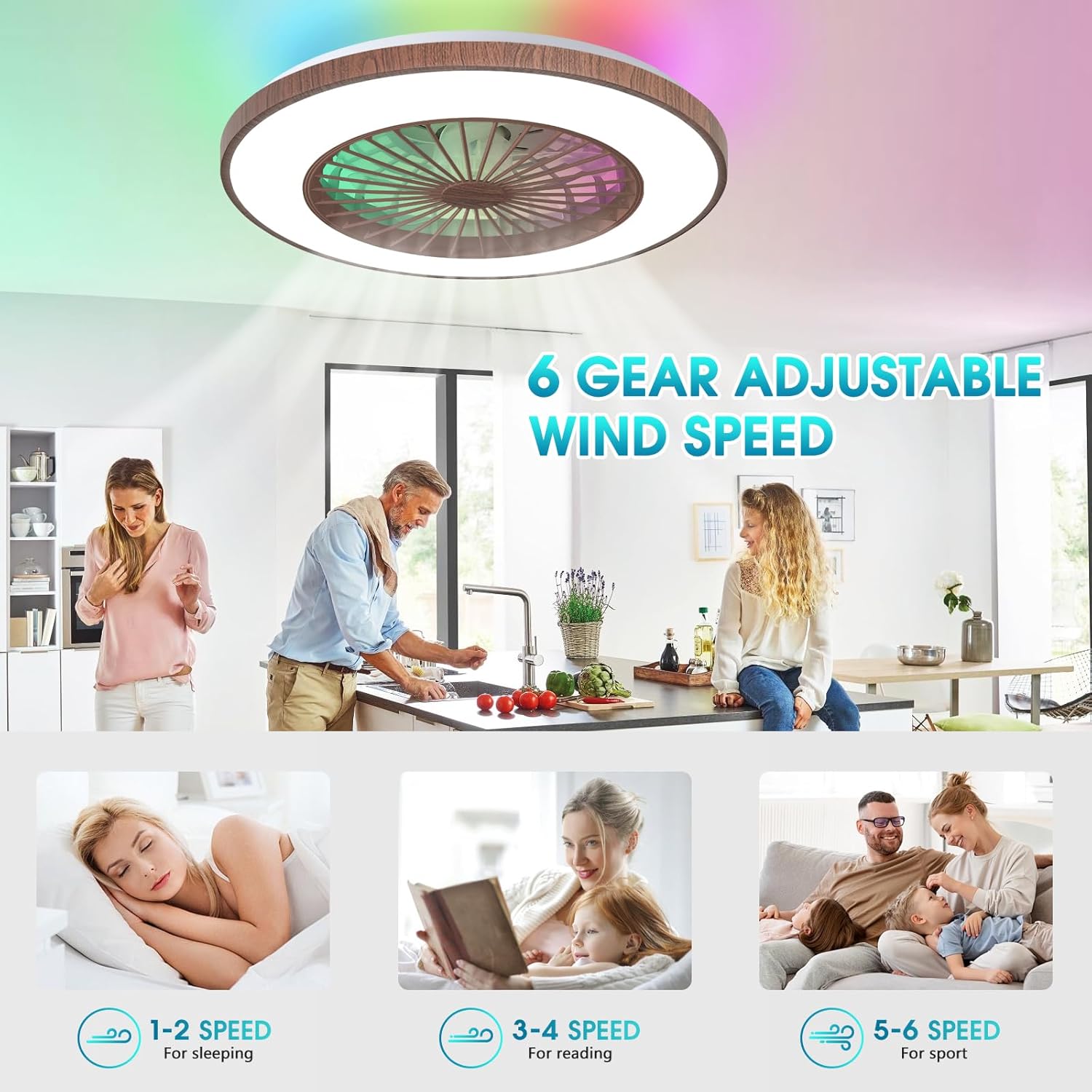 Ventilador de techo de perfil bajo de 20 pulgadas con luz y control remoto, ventilador de techo cerrado, ventilador de techo LED de montaje