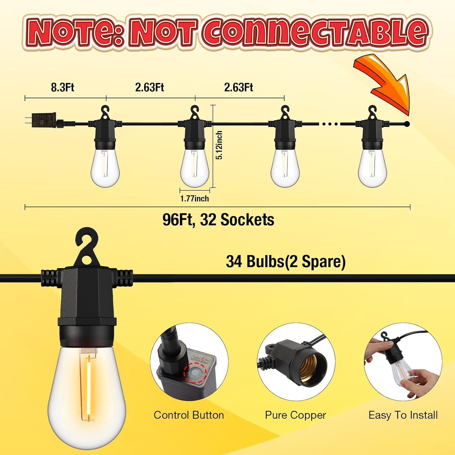 NYMPHY Tira de luces para exteriores de 96 pies, luces impermeables para exteriores con 34 bombillas inastillables, 8 modos de iluminación