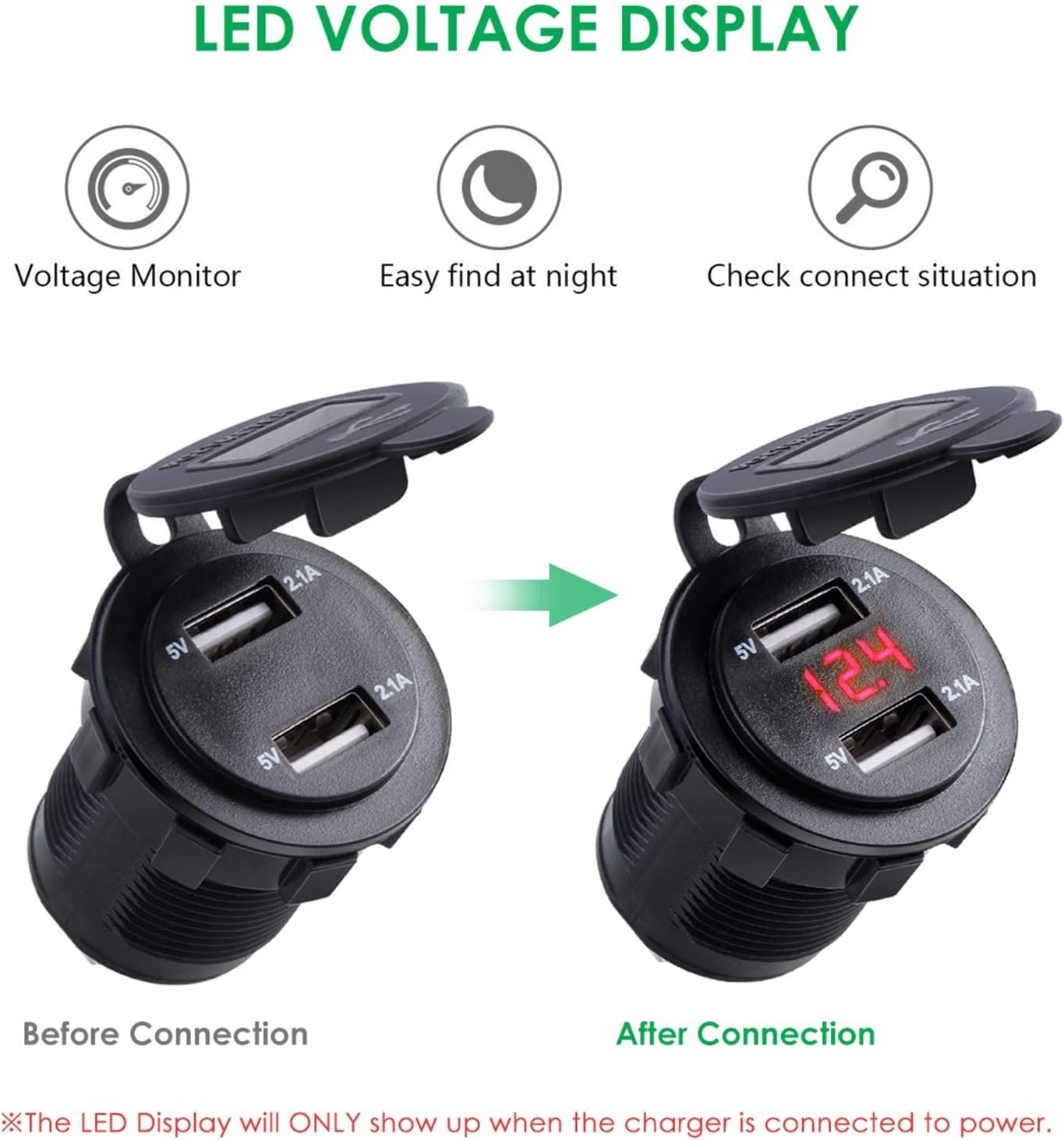Enchufes para encendedor de cigarrillos de automóvil, 4.2 A, adaptador de toma de corriente de cargador USB dual de 12 V a 24 V LED voltímetro para