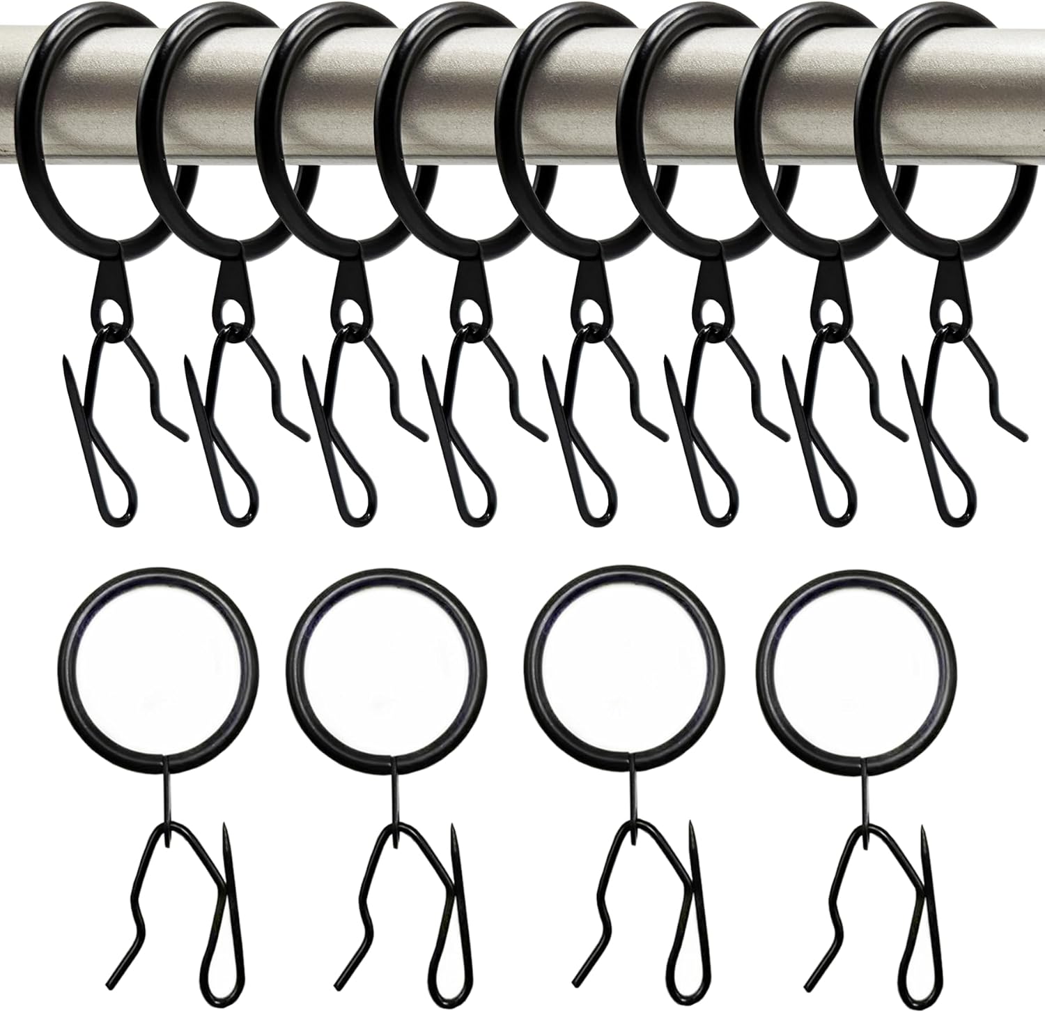 32 anillos de metal para cortinas y 32 ganchos de metal para cortina de ventana, puerta de ducha, 1.181 in de diámetro interior (negro)