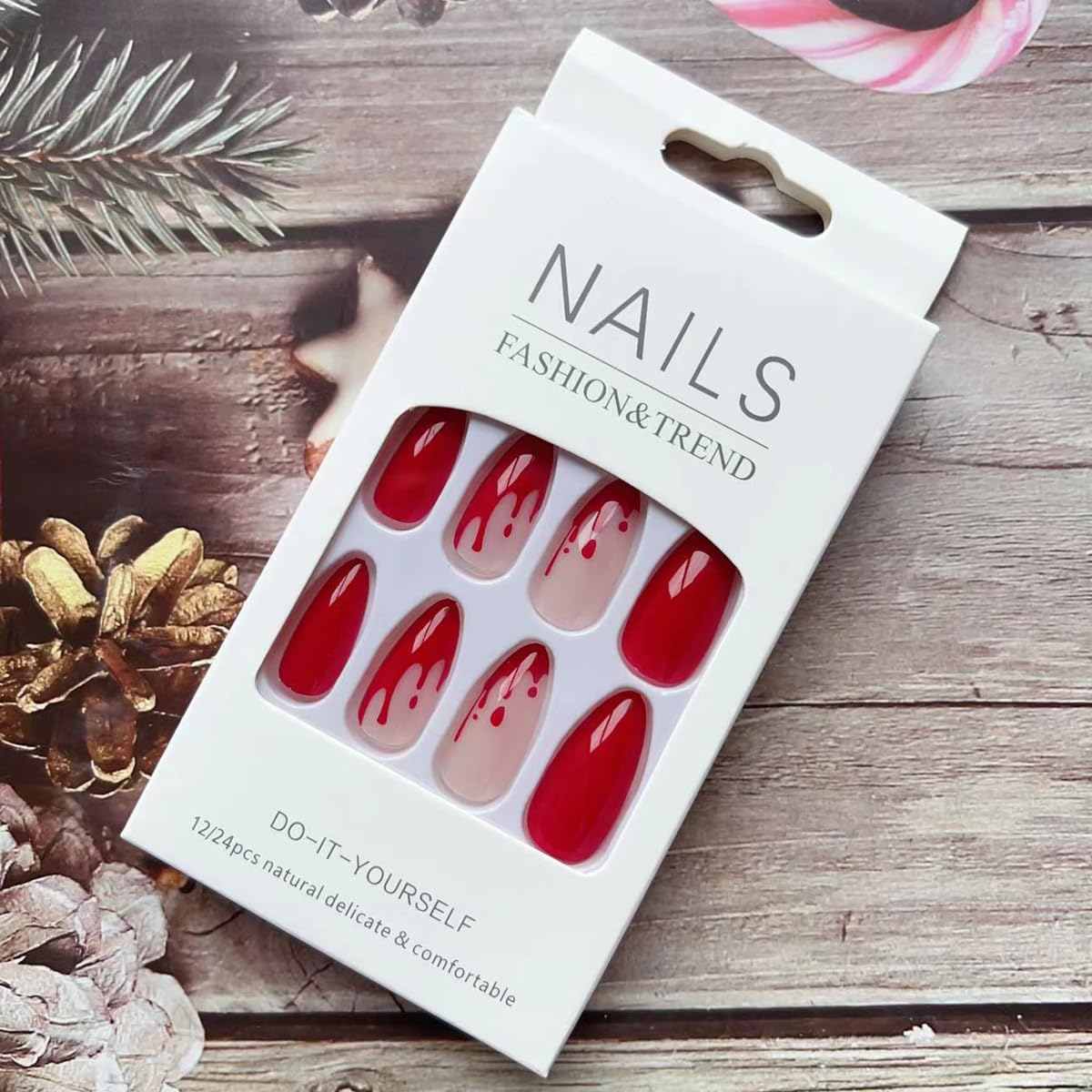 LPOONNDU – Uñas a presión de Halloween con forma de almendra, uñas postizas medianas de Halloween, color rojo brillante para mujeres, juego de 24