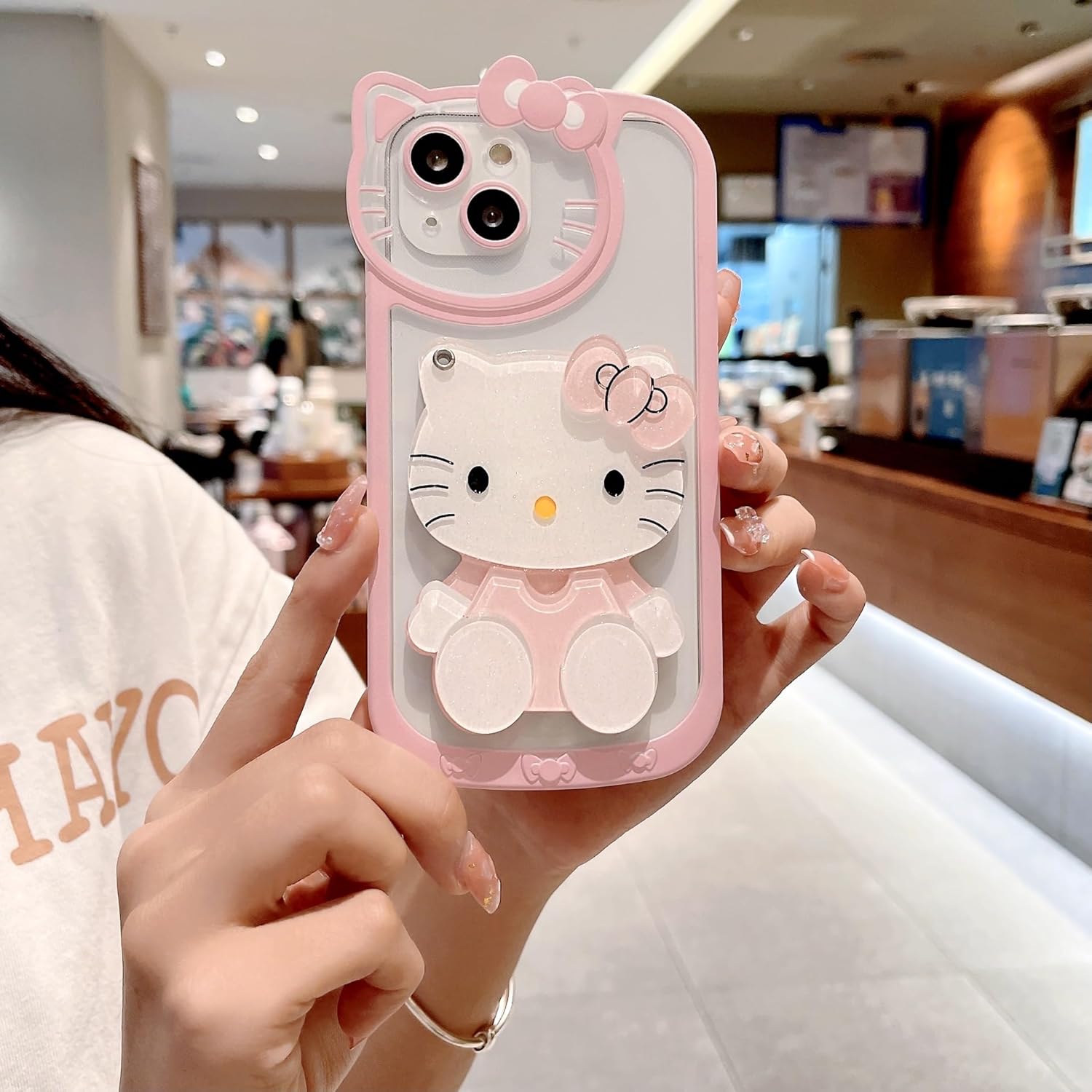 Olntun for iPhone 11 Cute Cartoon Cat Case,3D Bow Kawaii Pink Cartoon Cat Face Makeup Mirror Women Girls Kids Soft TPU Clear Protective Phone Cover