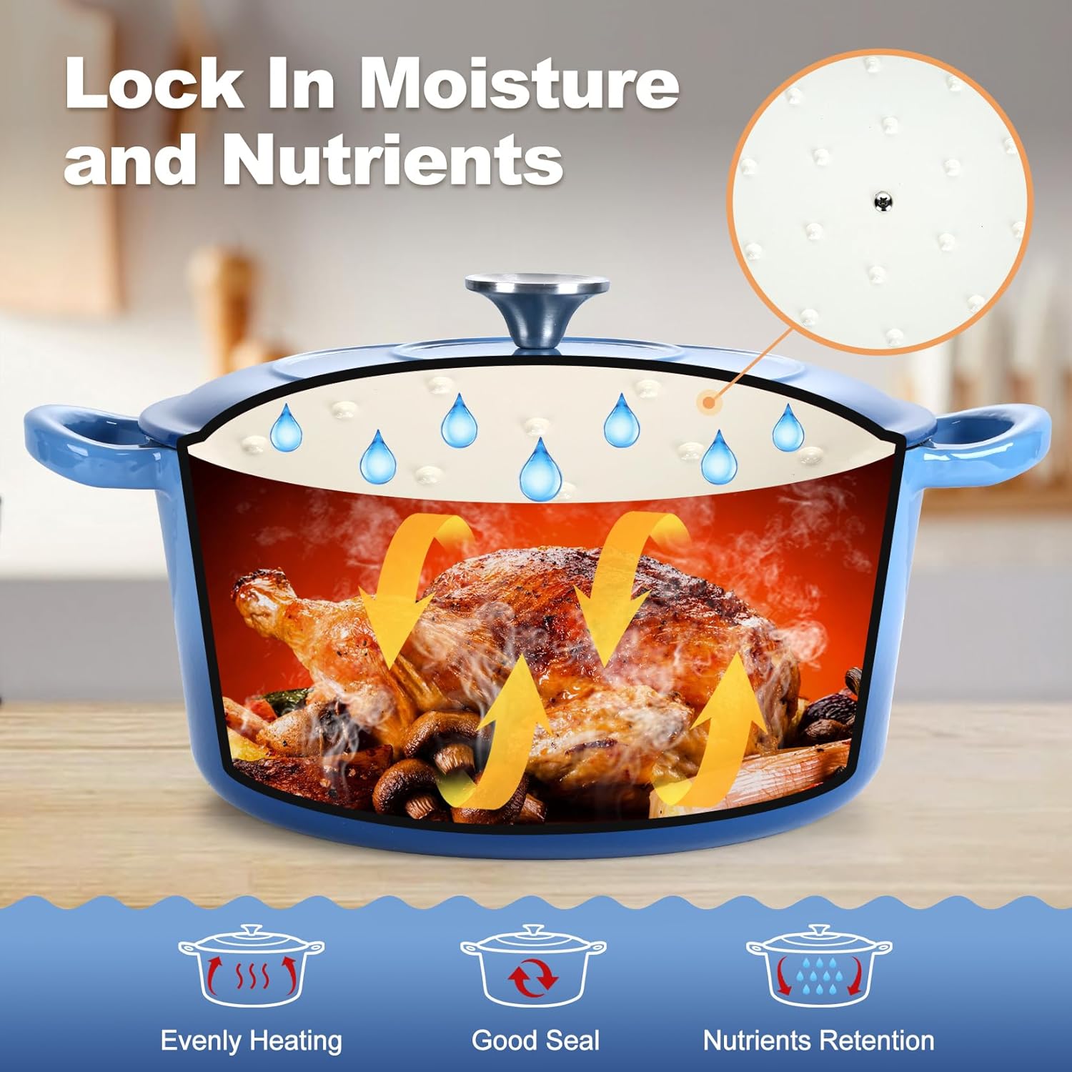 P&P CHEF – Horno holandés esmaltado de 6 cuartos de galón con tapa, olla de horno holandés de hierro fundido, olla redonda esmaltada para estofar,
