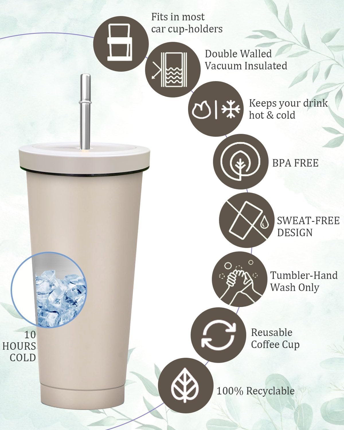 Vaso aislado con tapa y pajilla, taza fría, taza de acero inoxidable de 25 onzas con aislamiento al vacío, taza de café de doble pared, sin BPA,