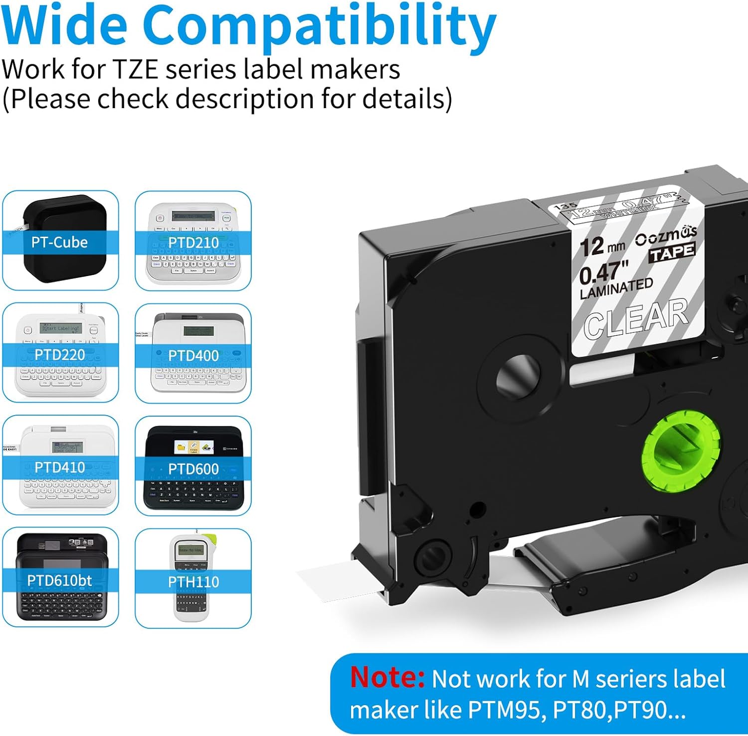 Oozmas Cinta de etiquetas de repuesto compatible para TZe-135 TZ135 compatible con Brother P-Touch blanco sobre cinta transparente de 12 pulgada,