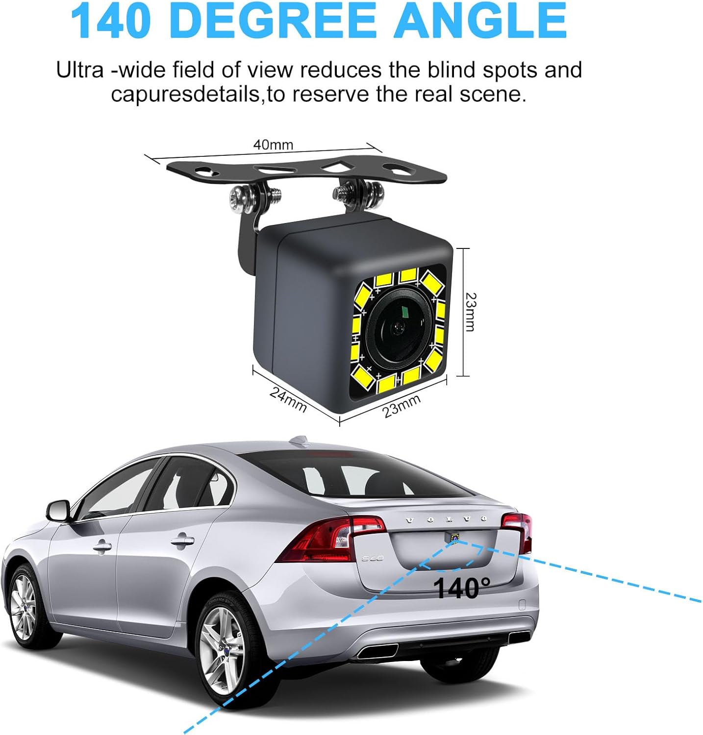 Cámara de respaldo para automóvil, cámara de visión trasera, ultra HD, 12 luces LED, 140 grados, ojo de pez, gran angular, cámara de visión trasera,