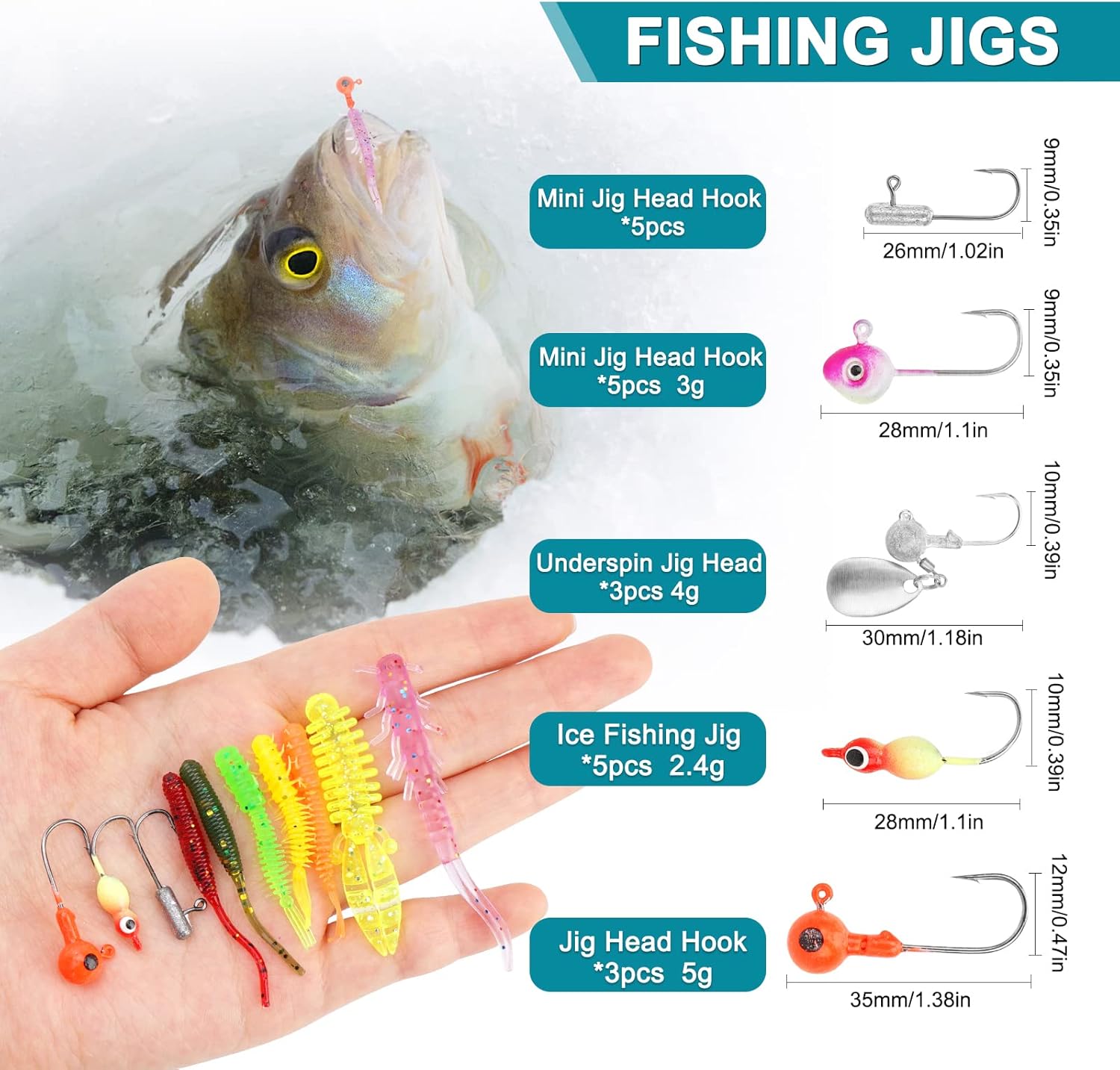 SMMYMGF Señuelos de pesca, caja de aparejos de trucha y crappie, kit de equipo de pesca en hielo, incluye cabezas de plantilla, cebos de plástico