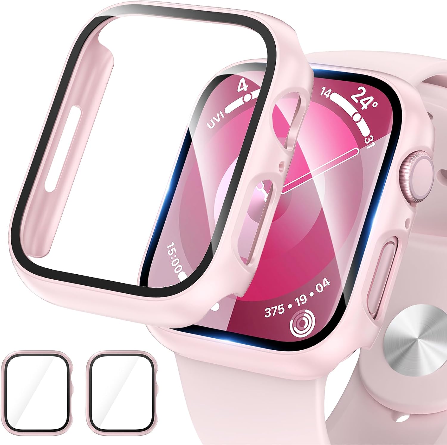 EWUONU – Juego de 2 fundas rígidas de policarbonato para Apple Watch Series 9 Series 87 de 1.772 pulgadas, protector de pantalla de vidrio templado,