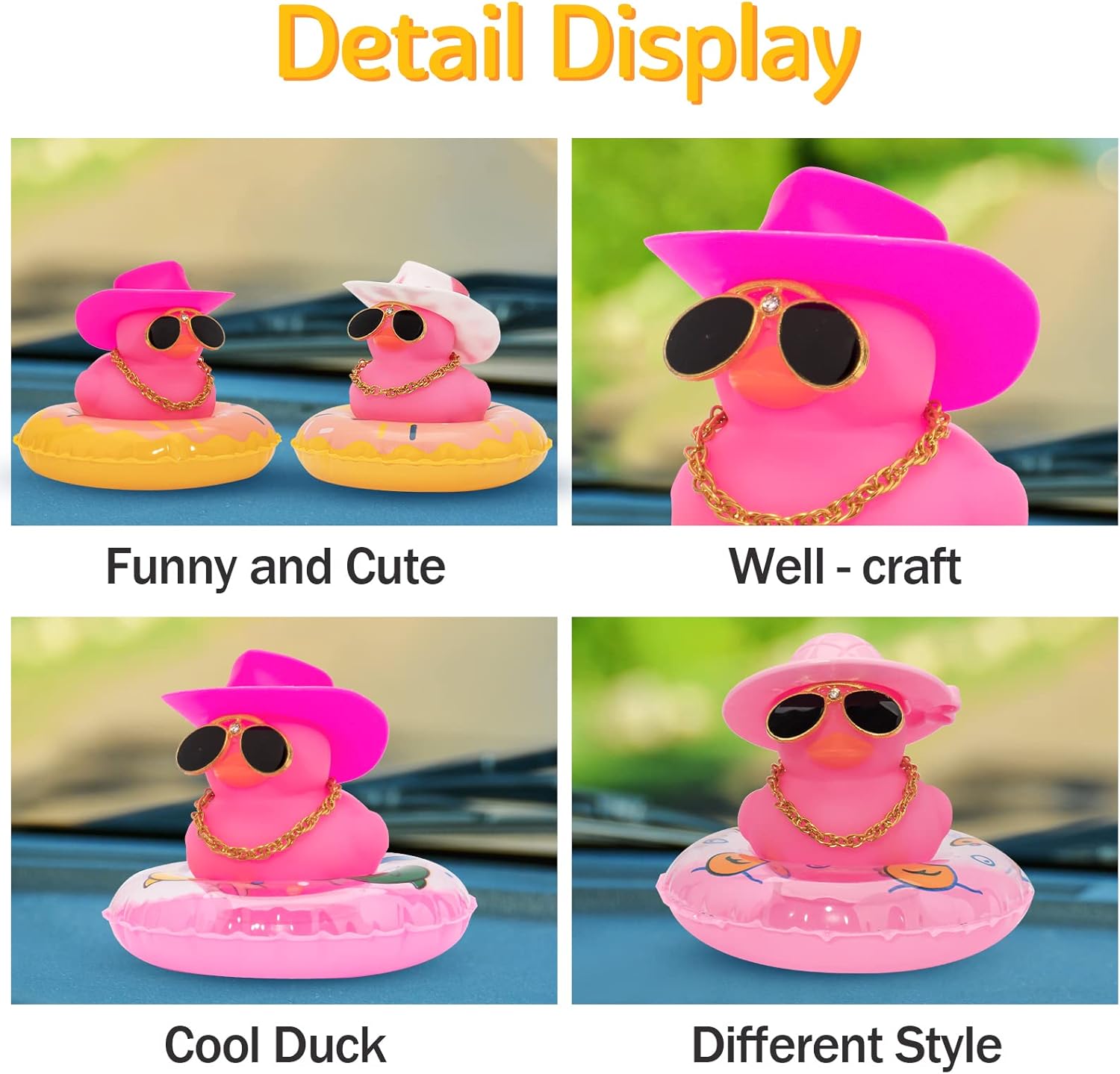 wonuu Adorno de pato para automóvil, decoración de tablero de goma para tablero de automóvil, accesorios con anillo de natación, gafas de sol,