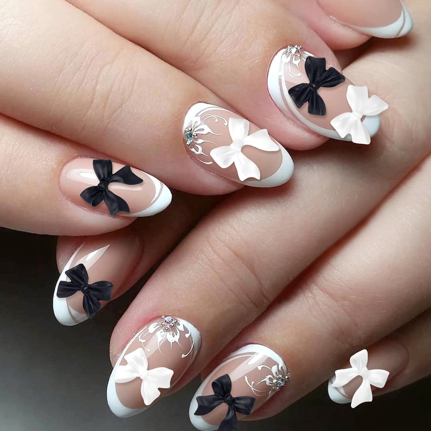 HINZIC 280 lazos de uñas 3D, lazo blanco y negro, lindo dije de mariposa de resina, perlas acrílicas para uñas, diamantes de imitación, decoración