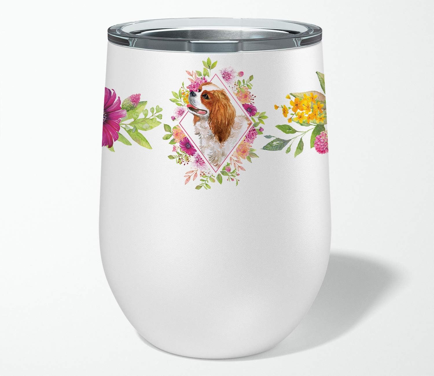 Caroline’s Treasures CK4126TBL12 Cavalier King Charles Spaniel – Vaso de vino aislado de acero inoxidable de 12 onzas con tapa, bonita taza de viaje