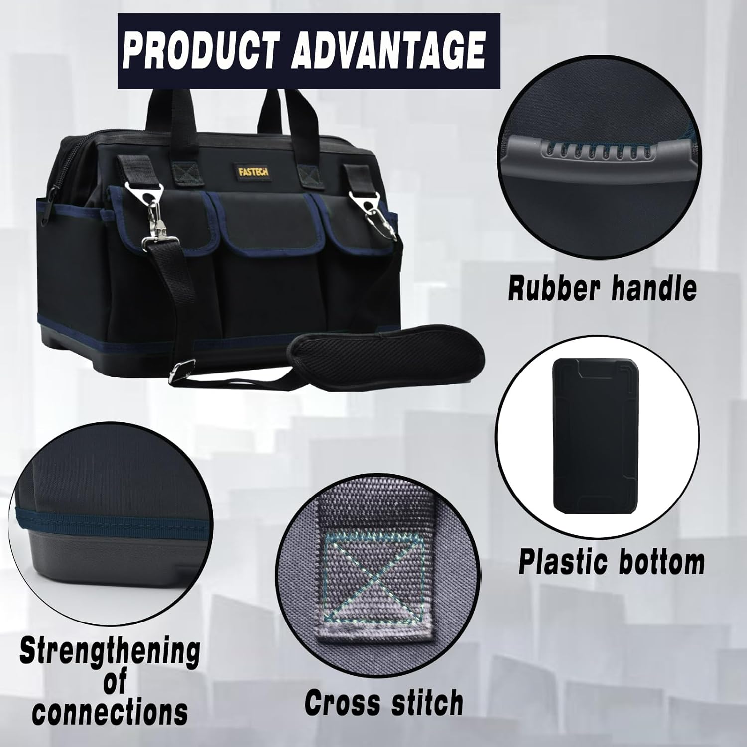 FASTECH Bolsa de herramientas de 20 pulgadas, kit de herramientas de boca ancha impermeable, organizador de bolsa de herramientas resistente con