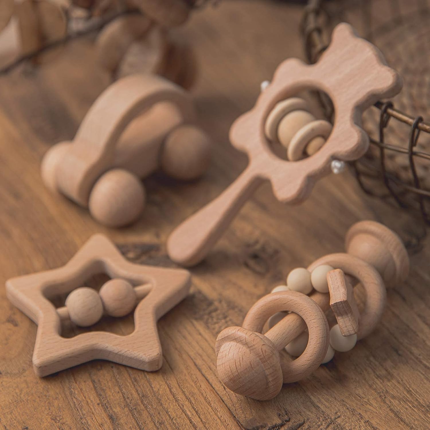 Juego de juguetes de madera para bebés – Juego de sonajeros de madera  4 juguetes de madera hechos a mano  Juguetes de madera para bebés de más de