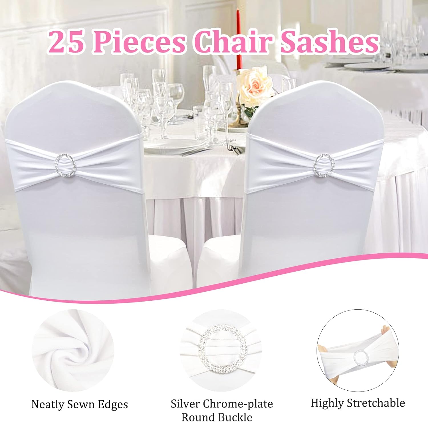 Zhongyuan Bandas elásticas de elastano para silla, lazos elásticos con hebilla para decoración de bodas, banquetes, fiestas, eventos (blanco, 25