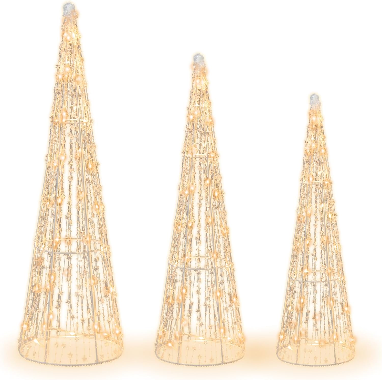 Tangkula Juego de 3 árboles de cono de Navidad iluminados, juego de árbol cónico decorativo de Navidad con cuerdas de estrellas, 90 luces LED