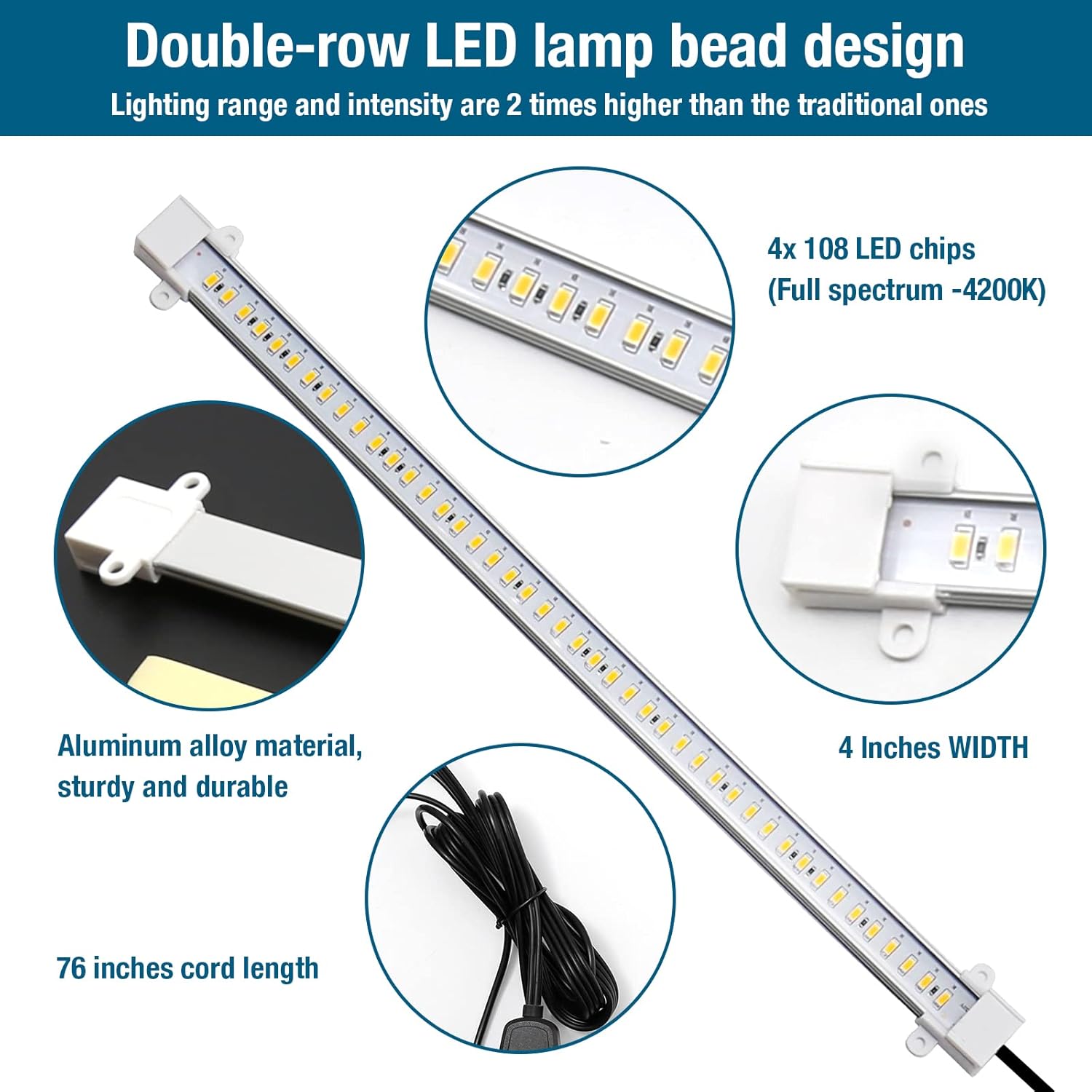 Paquete de 4 luces de cultivo para plantas de interior, tiras de luz LED DC12V, 432 luces LED de espectro completo con temporizador automático de