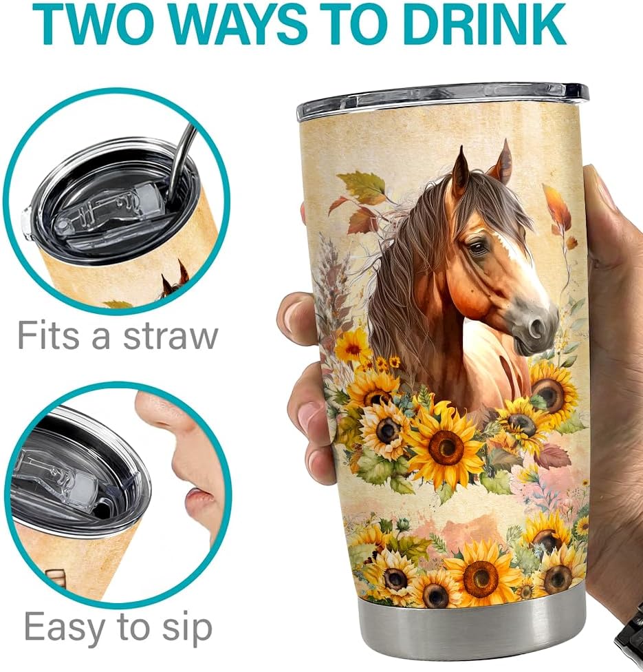 SANDJEST Vaso personalizado de acuarela de caballo de 20 onzas, 30 onzas, vasos aislados con tapa, taza de viaje para café, taza para mujeres y