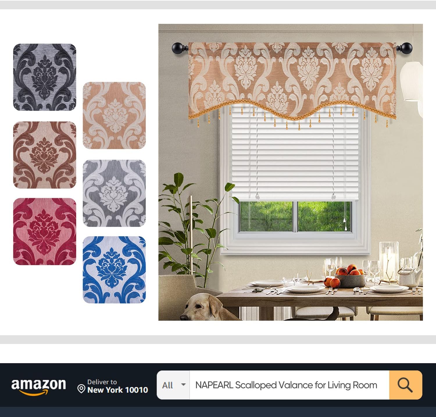 NAPEARL Cenefa de cascada para ventanas, cenefa de damasco para sala de estar con cuentas, cenefa de cortina jacquard para ventanas (1 cenefa beige,