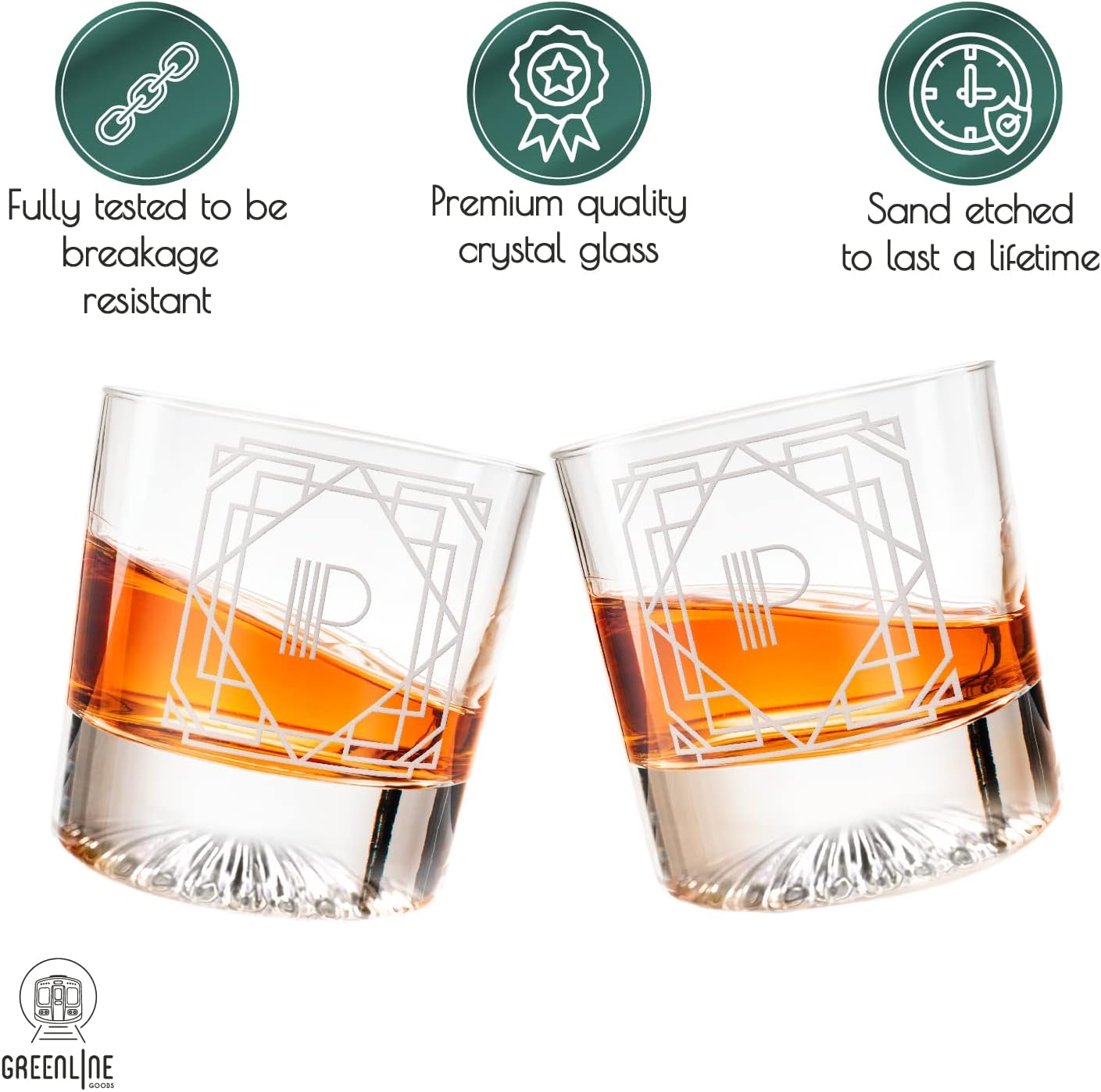 Greenline Goods – Monograma Art Deco Letra P Grabada Copa de whisky Perfecto para Bourbon, Scotch, Licor, Cóctel – Juego de 4 vasos de whisky de