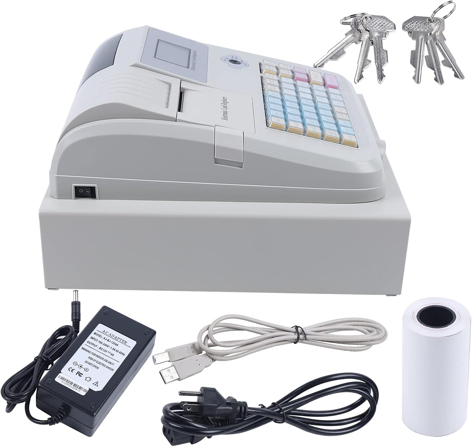 Caja registradora electrónica con 48 llaves Sistema POS caja registradora W8 ranuras para monedas y 3 ranuras para billetes, 8 pantalla LED digital
