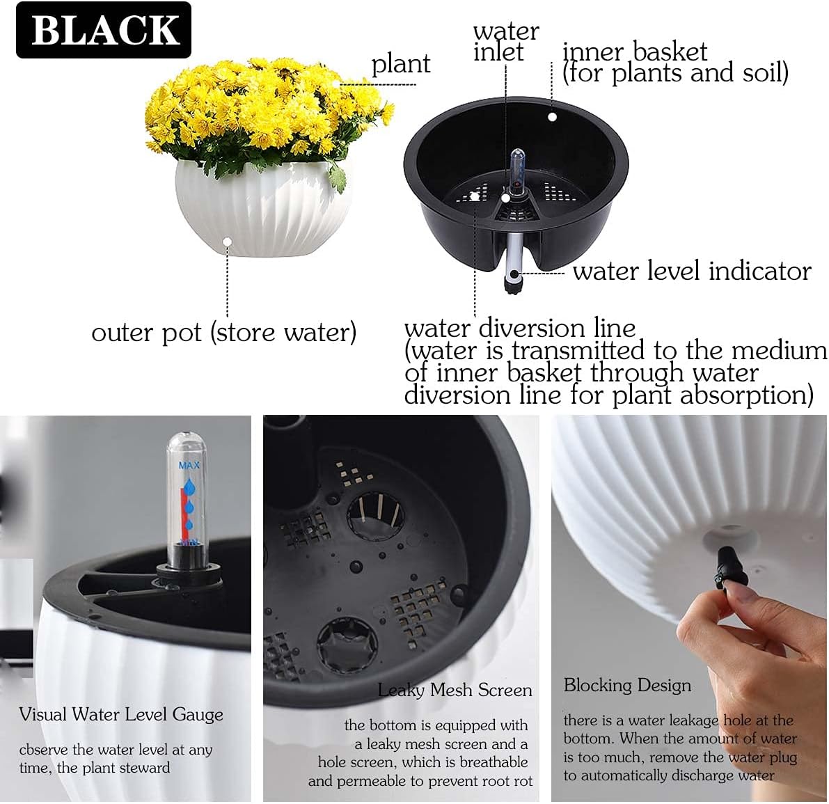 ZH-002 – Paquete de 1 cesta colgante redonda negra de 8.3 pulgadas, maceta colgante de metal, maceta de plástico de cerámica de imitación, maceta