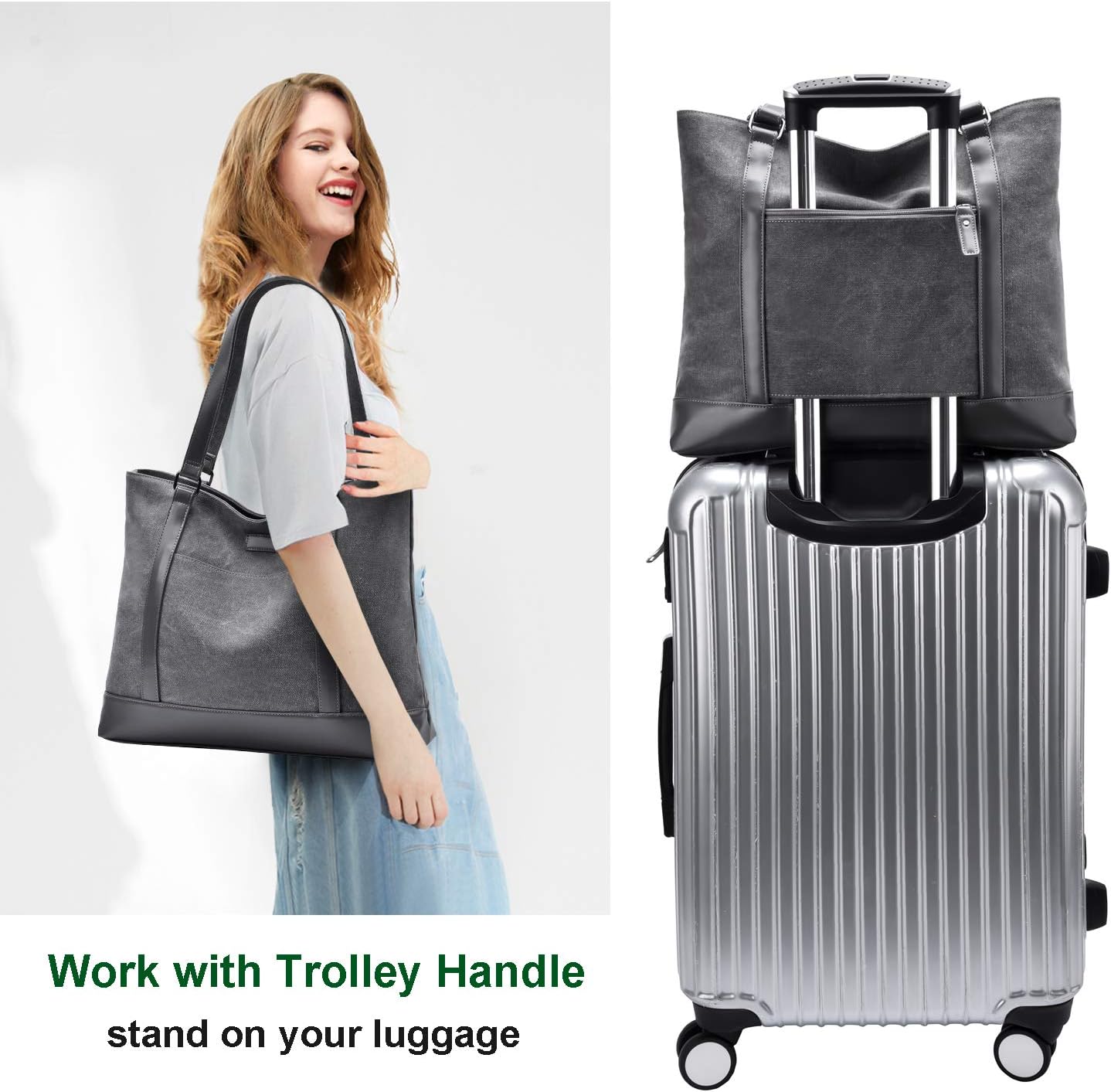 Bolsa de trabajo de lona para laptop para mujer con bolsillos de compartimento para computadora de 15.6 pulgadas, L