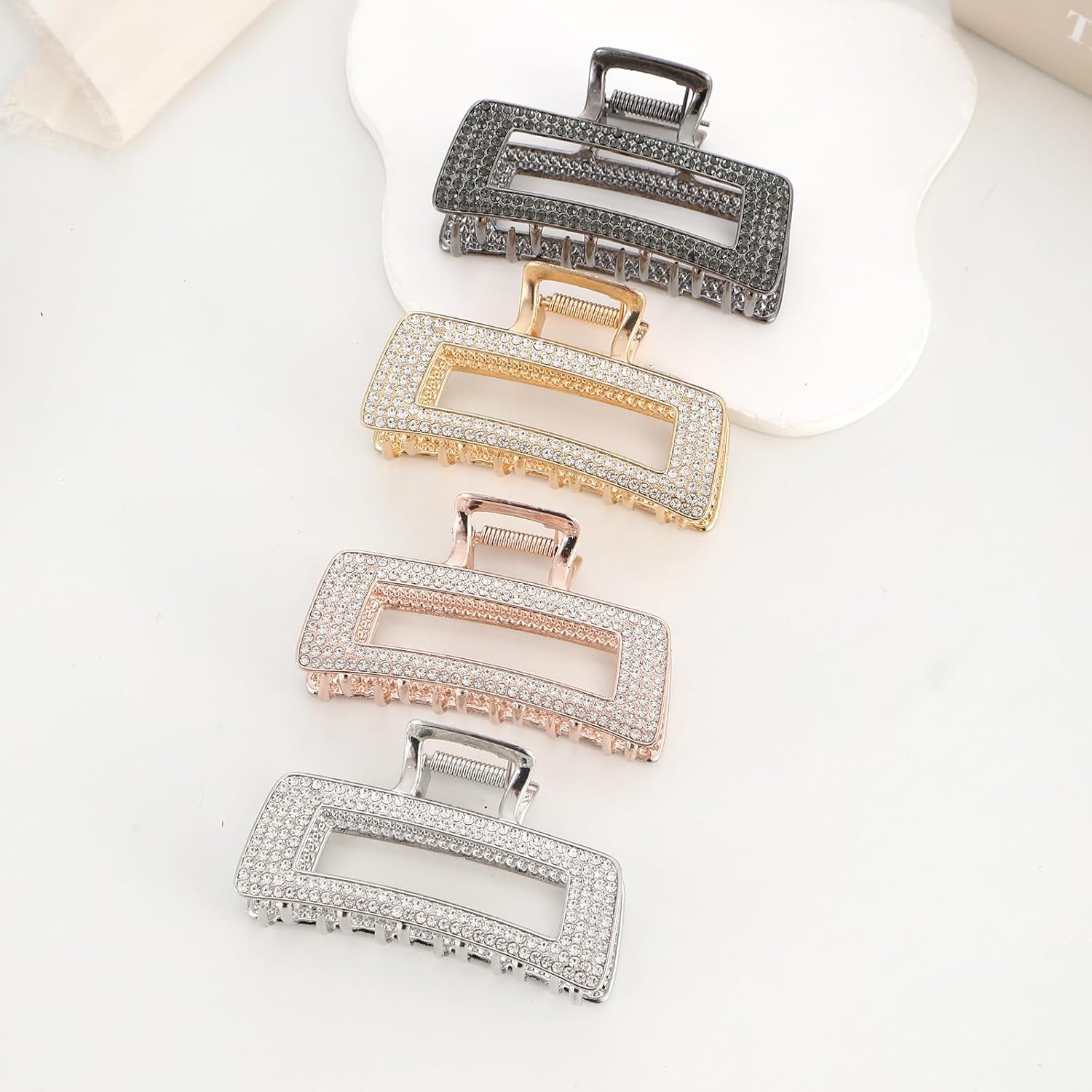 WORTL Pinzas grandes de metal cuadradas de 3.5 pulgadas, paquete de 4 abrazaderas de pelo con diamantes de imitación para mujeres y más delgadas,