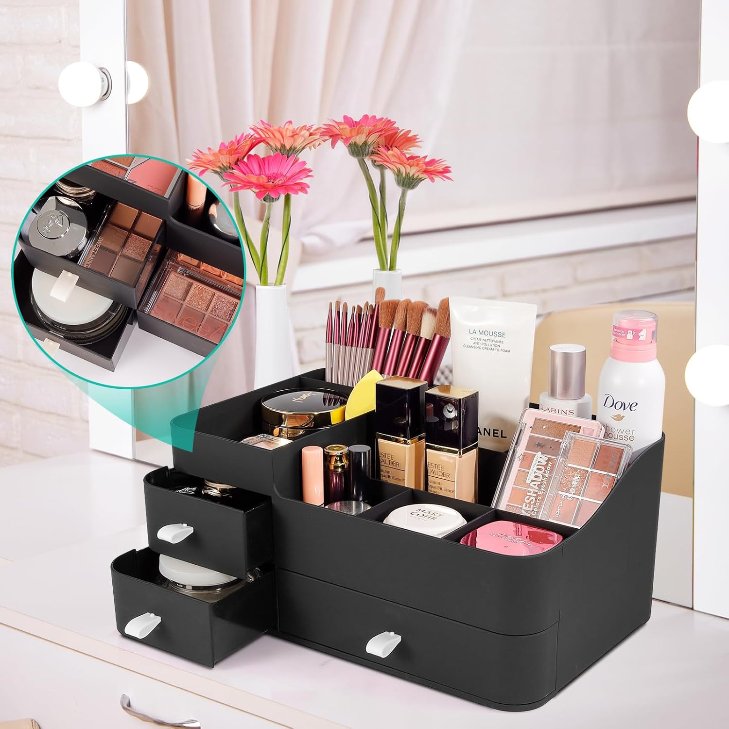 Organizador de maquillaje para tocador, organizador grande de encimera con cajones, almacenamiento de cosméticos para el cuidado de la piel,