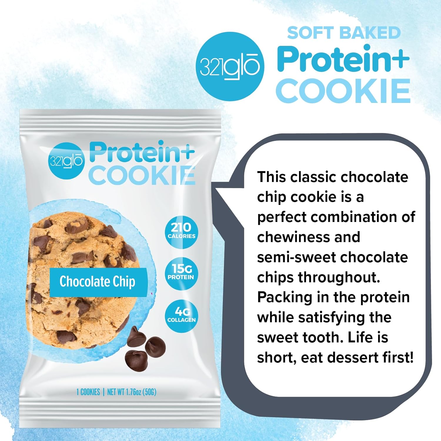 321glo Protein+ Cookies  Galletas horneadas suaves con colágeno de alto contenido en proteínas, 0.55 oz de proteína, aperitivo para hombres, mujeres