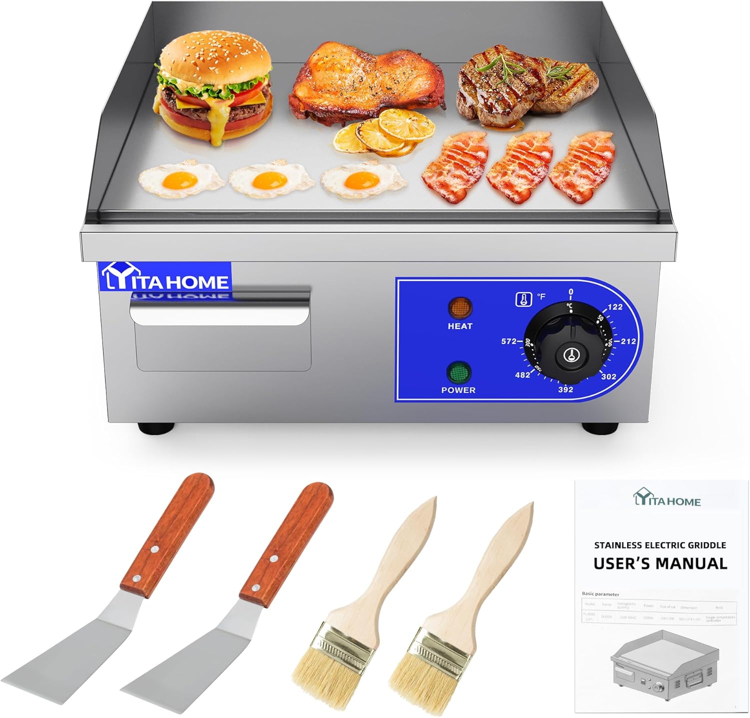 YITAHOME Plancha eléctrica comercial de 14 pulgadas con mango de resorte, plancha comercial de 1500 W, parrilla Teppanyaki comercial antiadherente