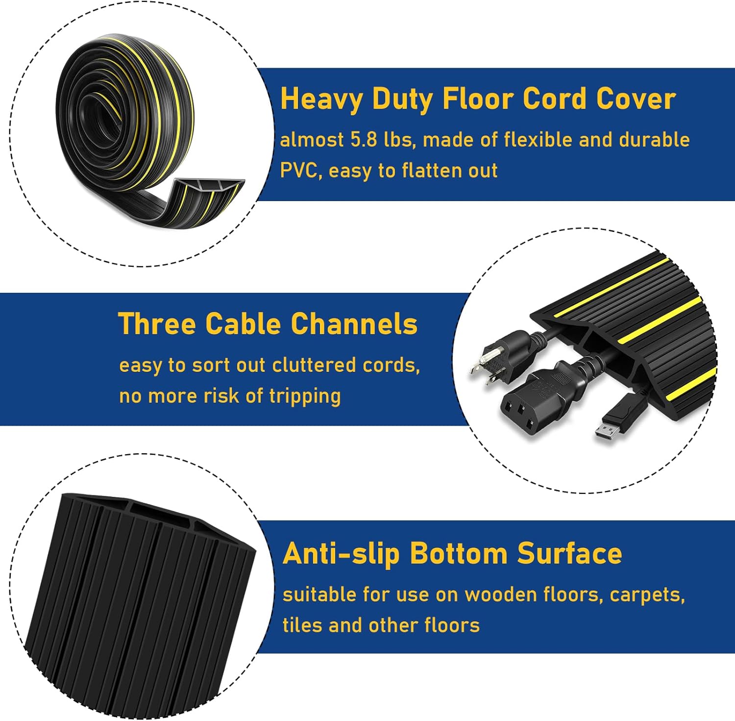 Cubierta de cable de suelo, cubierta de cable de suelo resistente de 10 pies, cubierta de cable de extensión de goma, corrector de cable de 3