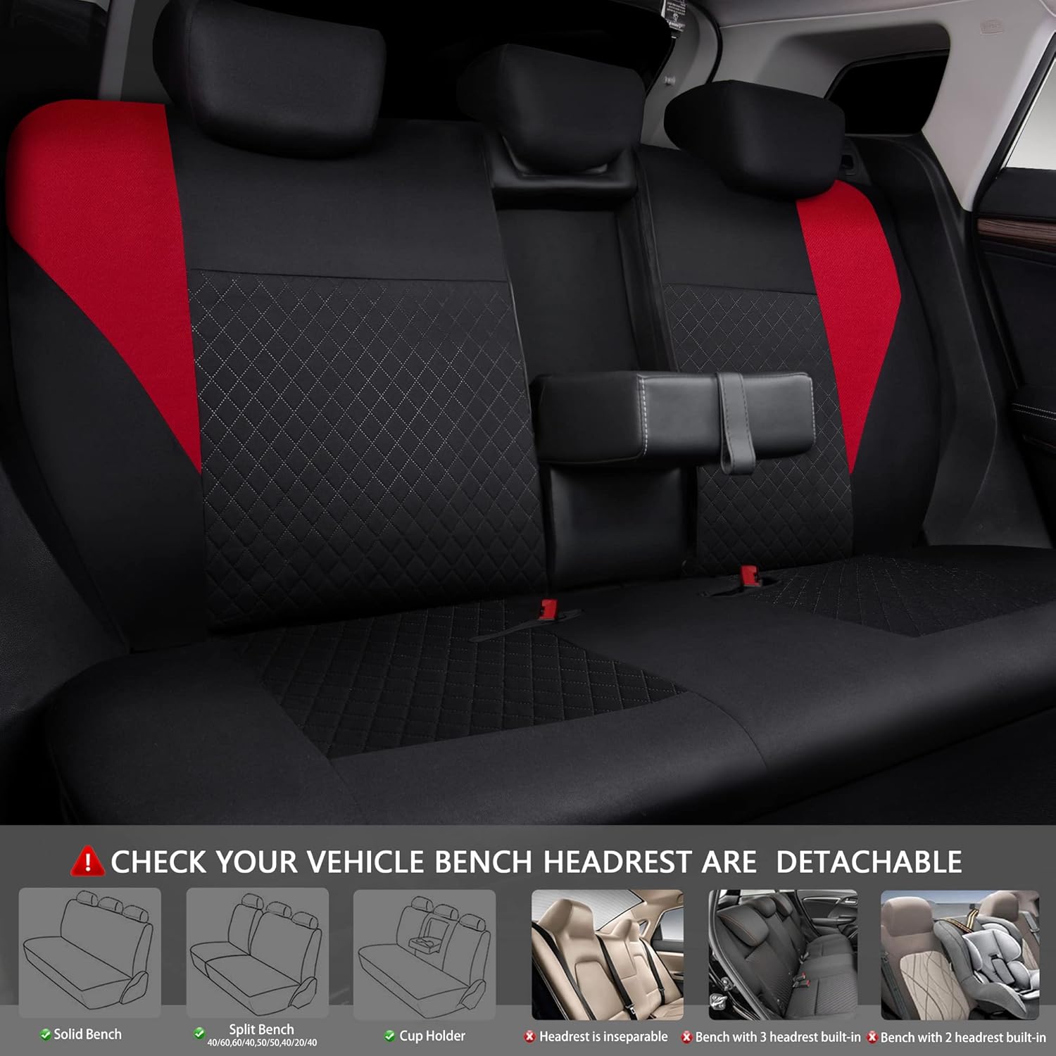 CAR PASS Juego completo de fundas de asiento de tela de estampado ultrasónico universal, color rojo, transpirable, con esponja compuesta de 0.197 in
