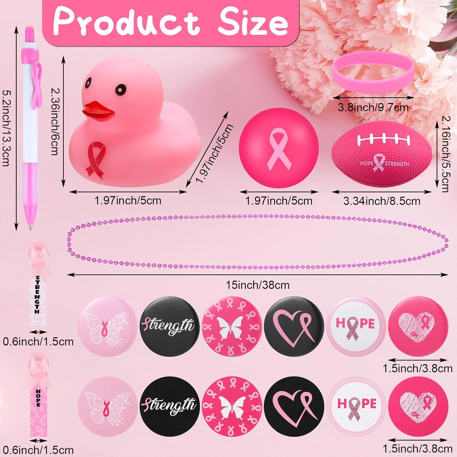 161 piezas de accesorios de concientización sobre el cáncer de mama, incluye cinta rosa, patos de goma, pulsera de silicona, pulsera de goma,