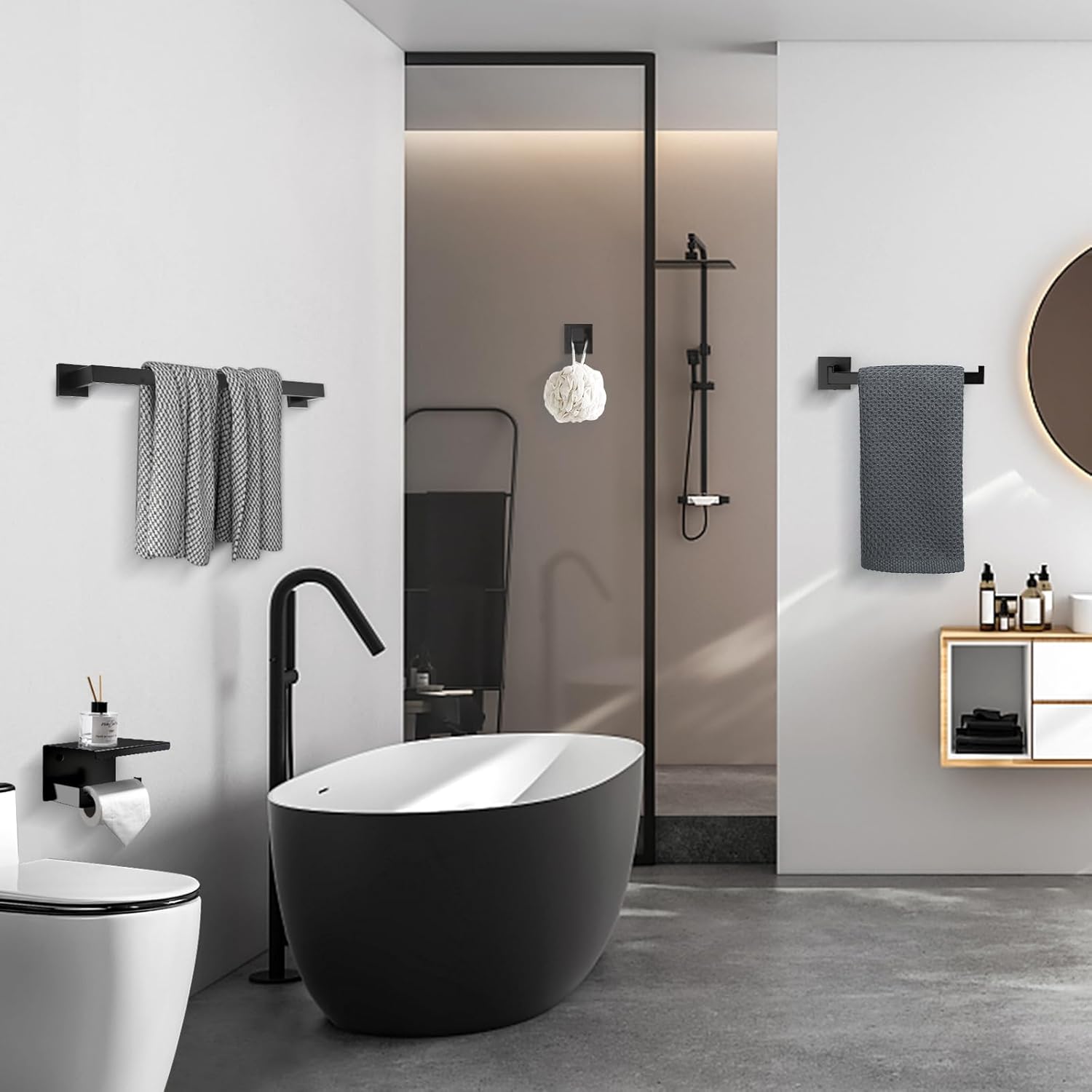 TURS Juego de accesorios de baño negro de 4 piezas, incluye toallero de 24 pulgadas, soporte para toallas de mano, gancho para toallas, soporte para