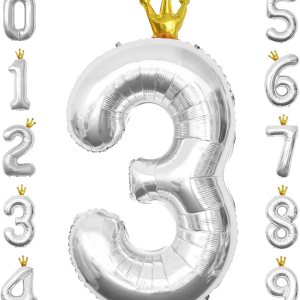 MOMOHOO Globo grande plateado de 40 pulgadas con el número 3 Corona de papel de aluminio grande con número de helio del 0 al 9 para fiesta de MOMOHOO Globo grande plateado de 40 pulgadas con el número 3 Corona de papel de aluminio grande con número de helio del 0 al 9 para fiesta de