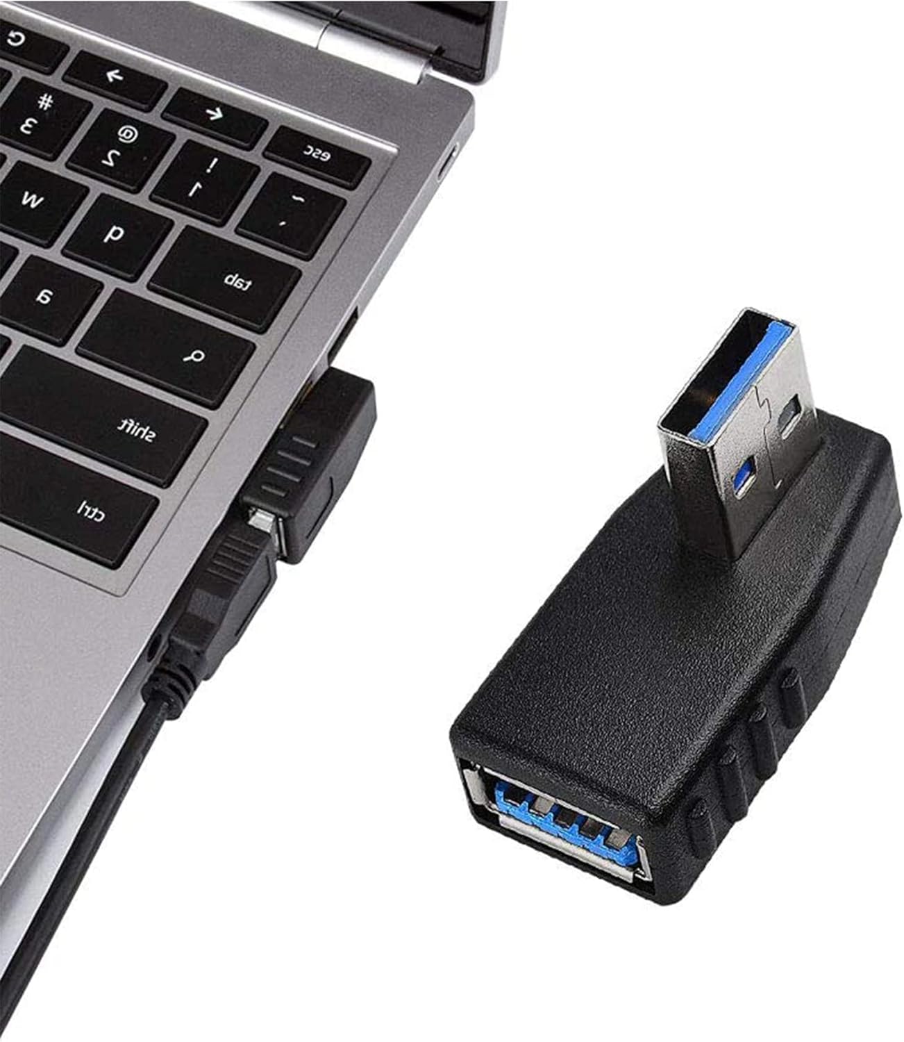 Adaptadores USB 3.0 2 piezas, adaptador USB 3.0 de ángulo recto de 90 grados macho a hembra (incluido adaptador de ángulo izquierdo y recto)