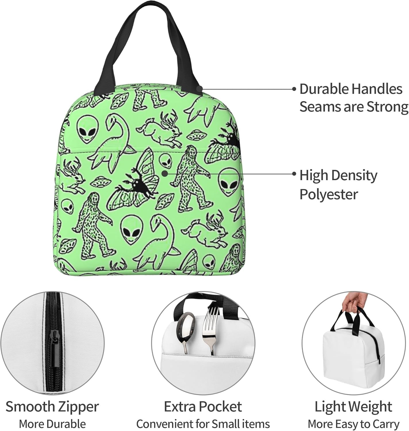 Bolsa de almuerzo portátil para alienígenas, dinosaurios salvajes, verde, aislada, a prueba de fugas, compras de comestibles, campamento, viajes por