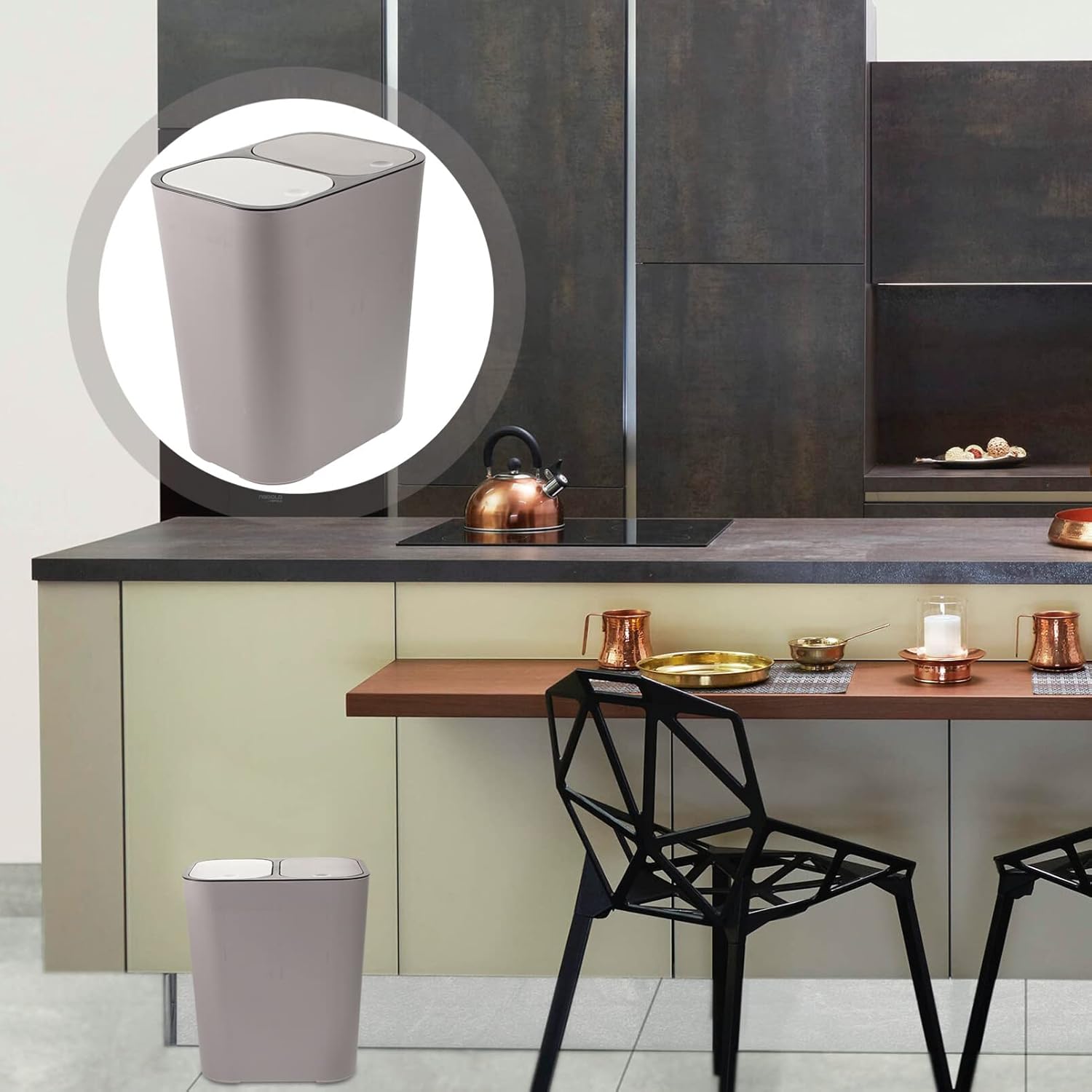 Alipis Bote de basura de dos compartimentos, cubo de basura de doble compartimento, cubo de basura de plástico para reciclaje, cubo de basura