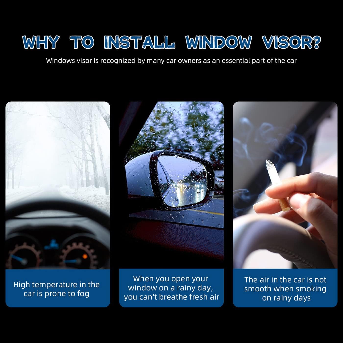 4 viseras de ventana compatibles con 14-18 X-TrailRogue Smoke Tint con borde cromado, cinta de montaje exterior, estilo clip, ventilación de PVC Sun