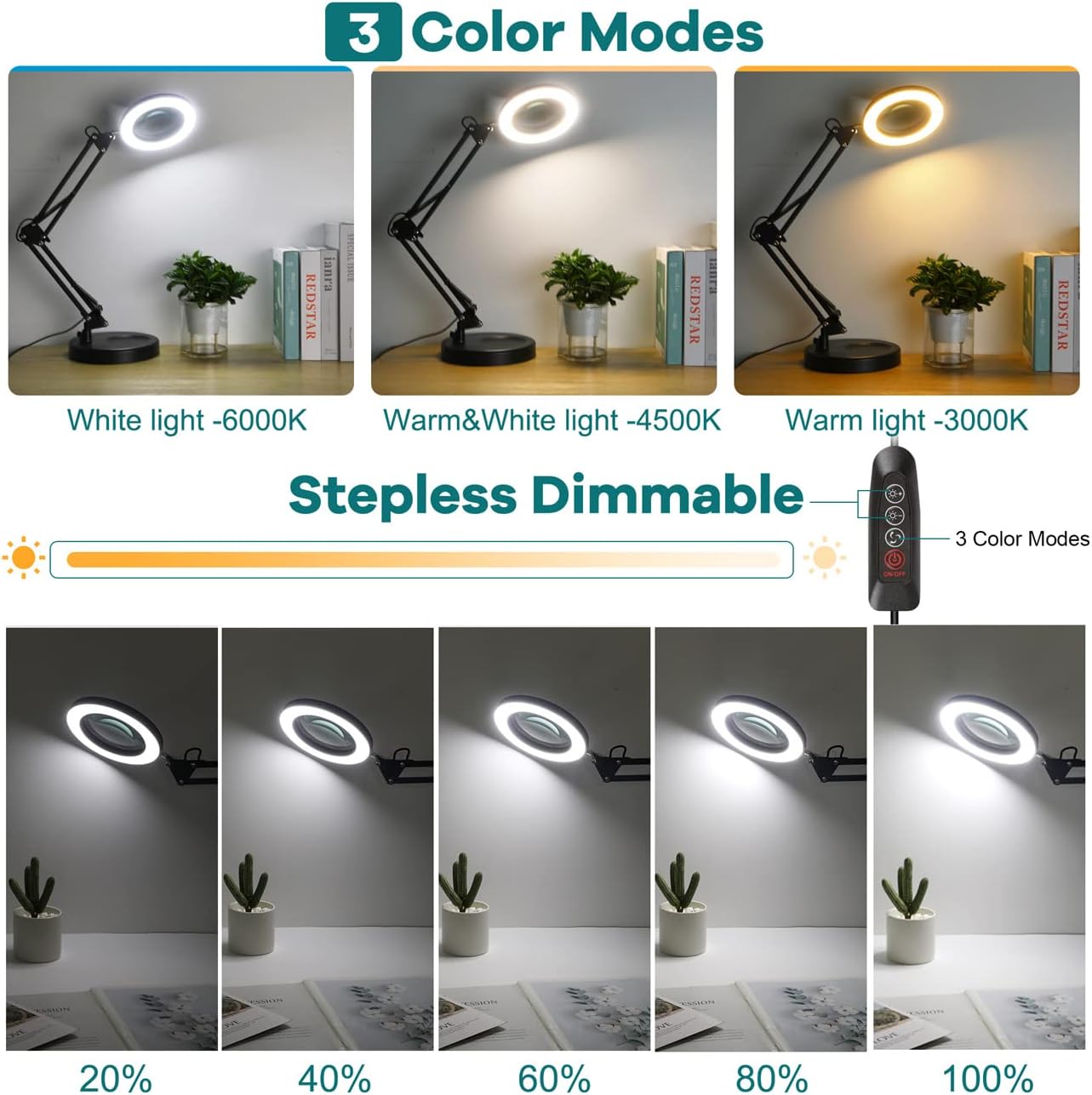 Drdefi – Lupa 10X con luz y soporte, lupa LED 2 en 1, 3 modos de color regulable continuo, lámpara de escritorio con aumento manos libres con