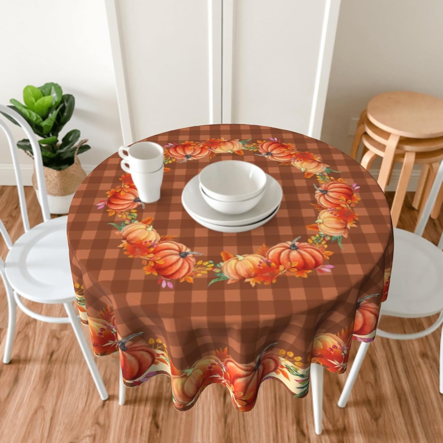 Giwawa Mantel redondo de calabaza de otoño, 60 pulgadas, hojas de arce otoñales, mantel decorativo a cuadros marrones para cocina, comedor,