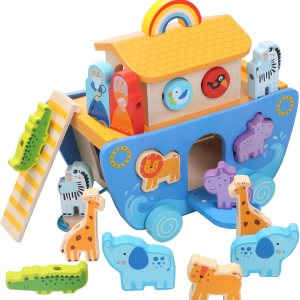 Tooysea Juguete de madera del arca de Noé con clasificador de formas de animales, regalos de bautismo para 1, 2, 3, 4 años, juguetes Montessori para Tooysea Juguete de madera del arca de Noé con clasificador de formas de animales, regalos de bautismo para 1, 2, 3, 4 años, juguetes Montessori para
