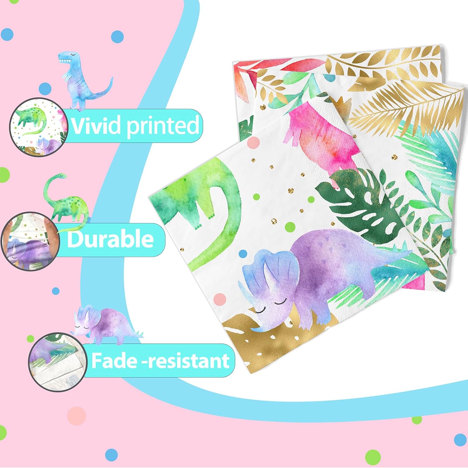 Juego de vajilla de fiesta de dinosaurio de acuarela para niña, suministros para fiesta de cumpleaños de dinosaurio rosa, incluye platos para tartas