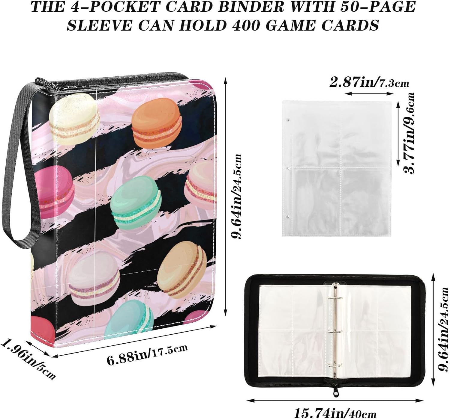 Macaroons Card Binder 4 Pocket Trading Card Holder Book with 50 Sleeves Card Binder Case Fits 400 Cards 3 Rings Trading Card Album Folder for