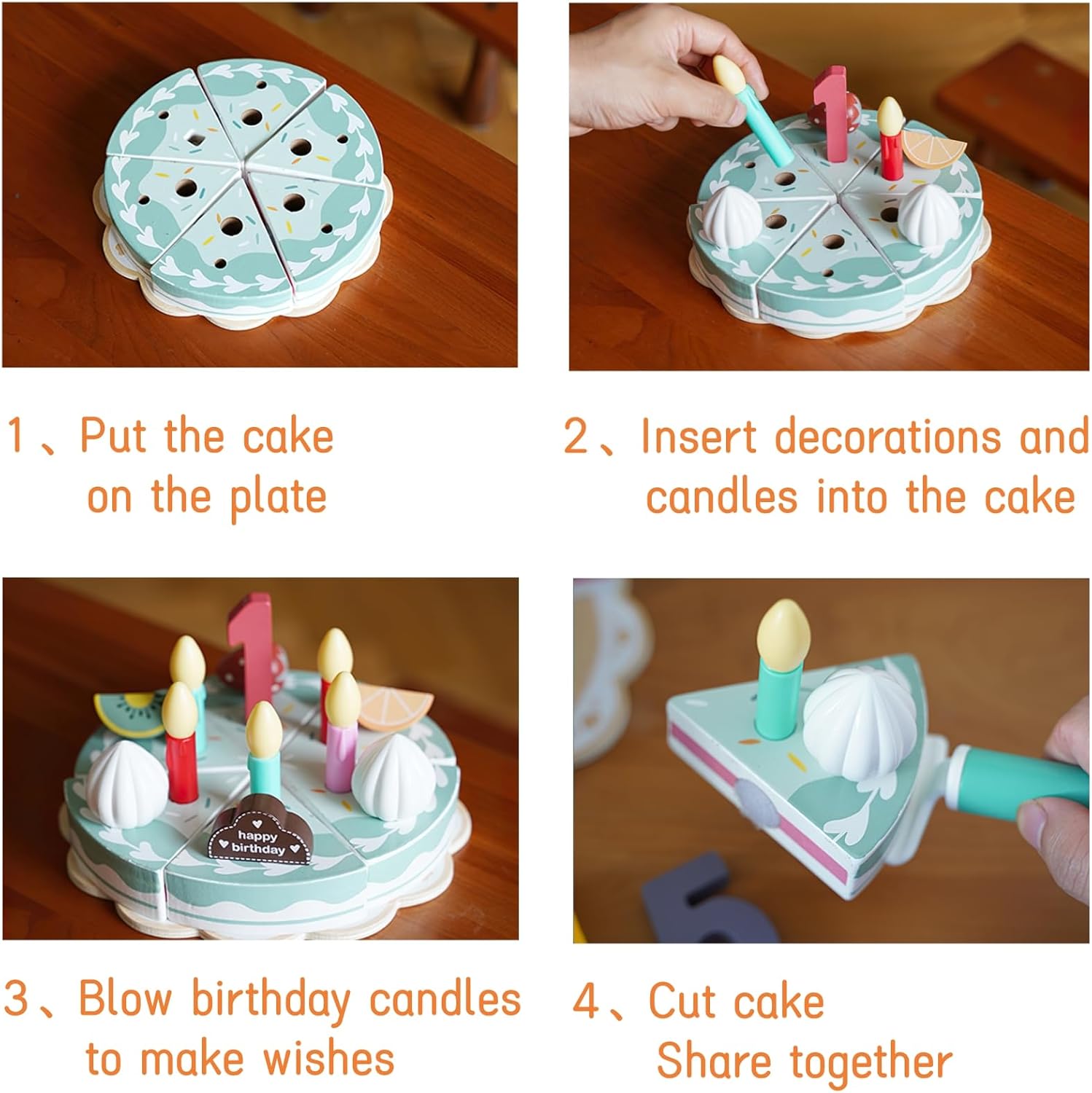 Juego de comida de madera para jugar a pastel de cumpleaños, juego de fiesta de té para niños pequeños, juegos de accesorios de cocina Montessori de