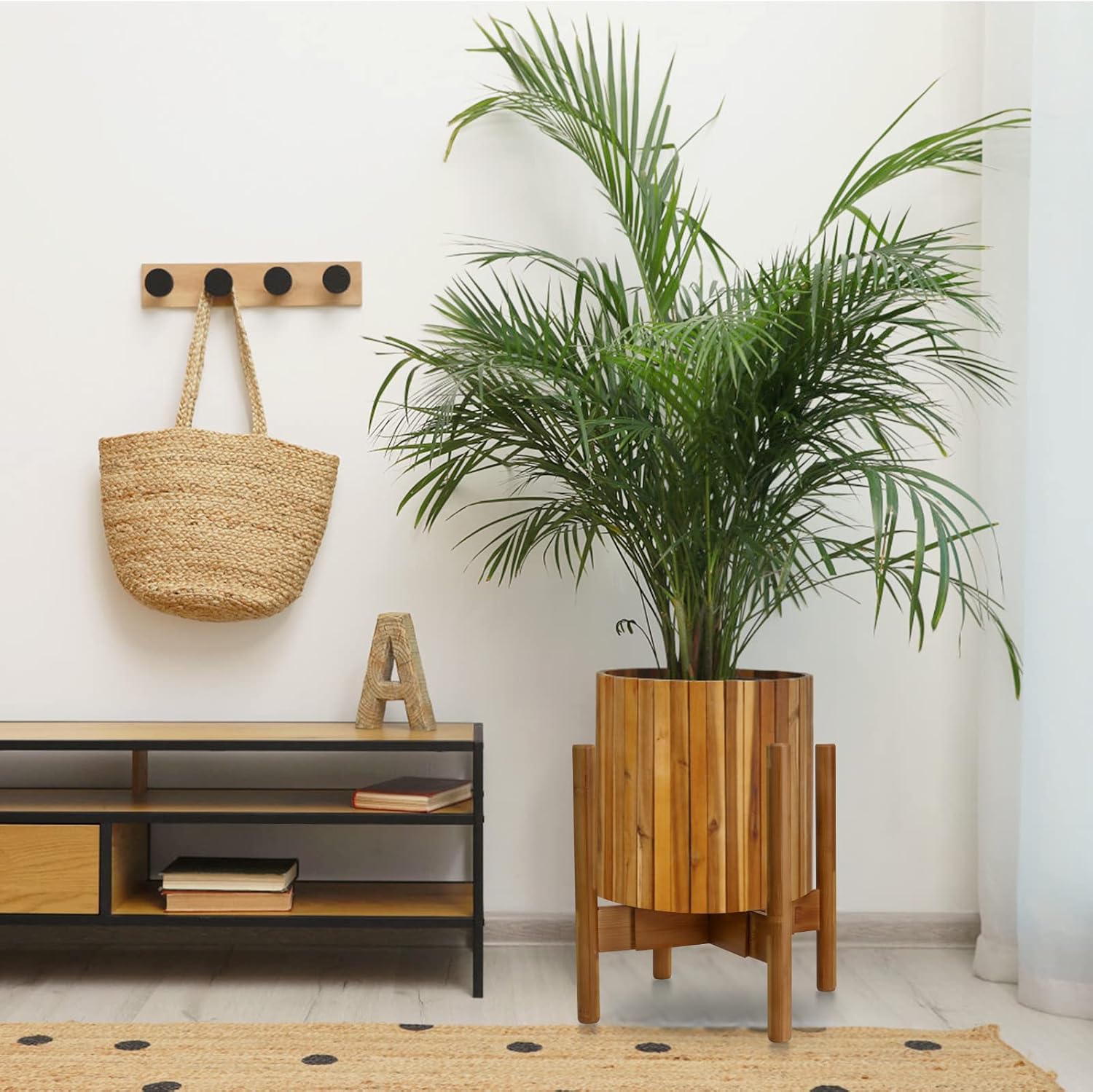 Blvornl Paquete de 1 soporte ajustable para plantas de interior, soporte para plantas de mediados de siglo, soporte estable de bambú para macetas de