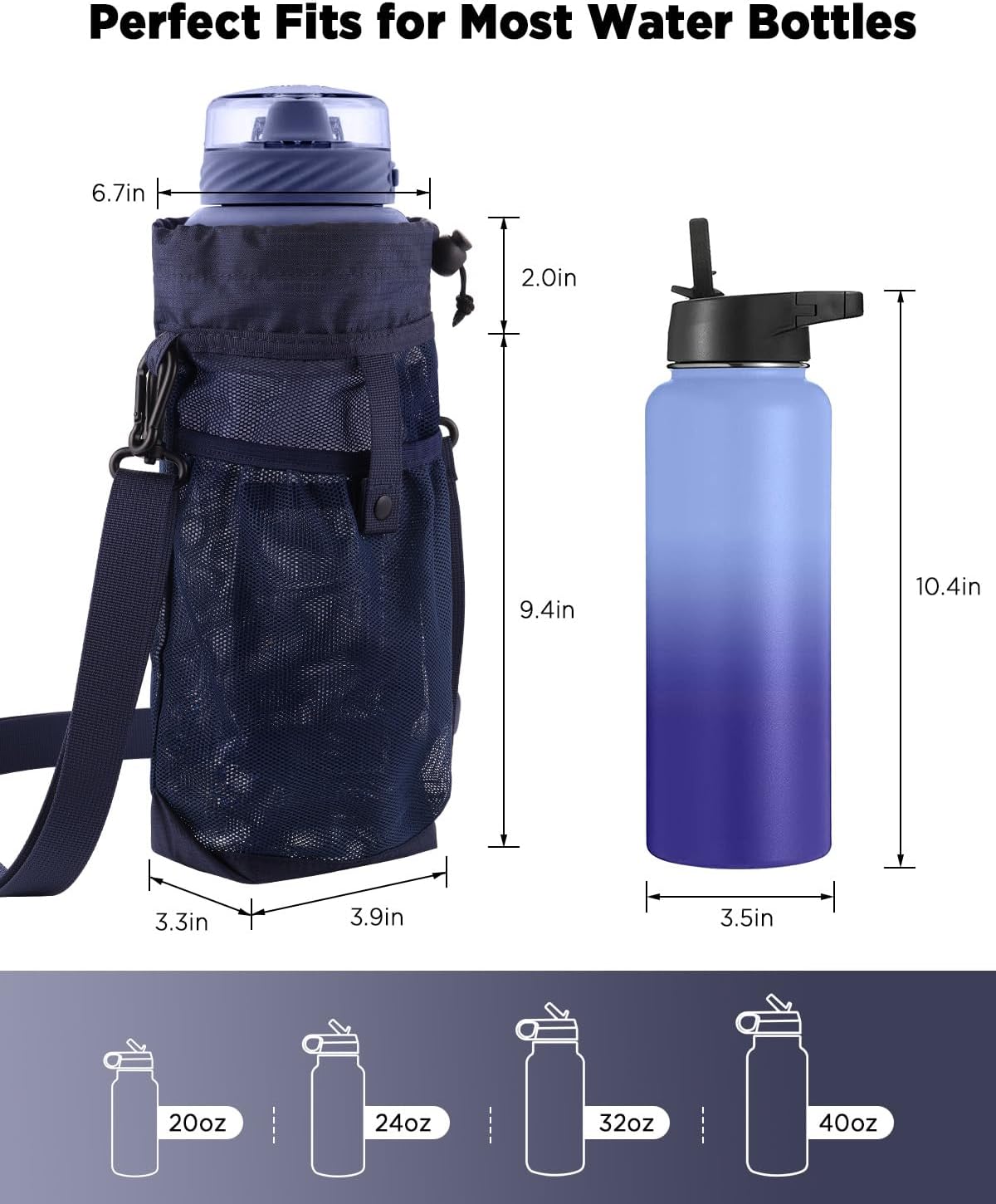 EasyAcc Upgraded Reinforced Water Bottle Holder Carrier Strap, for 12-60oz Bottle, with Adjustable Shoulder, Double Front Pocket, Bottle Bag for